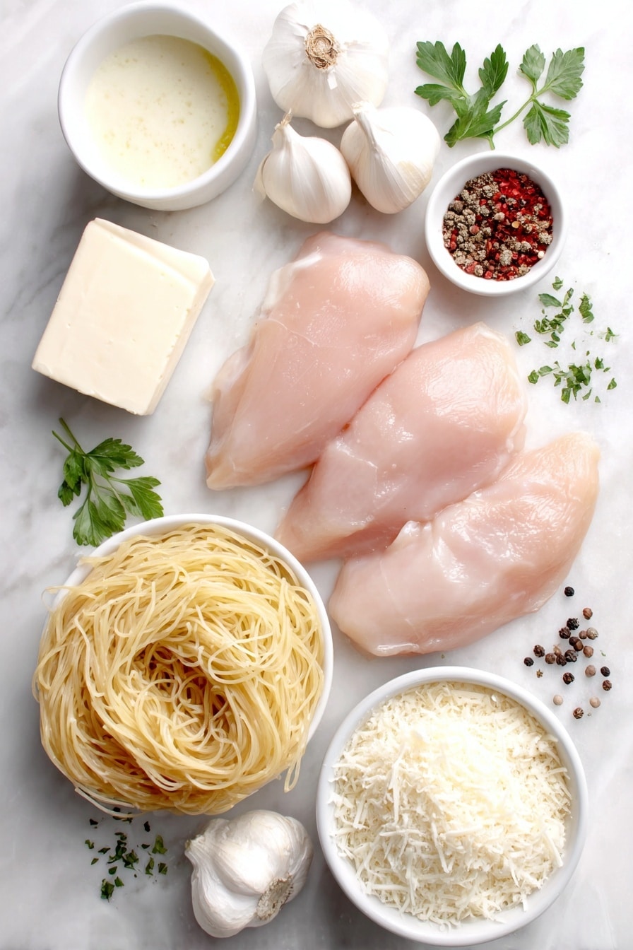 Creamy Crock Pot Angel Chicken Recipe 7 Flat lay of boneless skinless chicken breasts, a small block of cream cheese, a few tablespoons of unsalted butter, three peeled garlic cloves, a small white bowl of cream of chicken soup, a small white bowl of chicken broth, a small white bowl with Italian dry seasoning mix, a drizzle of vegetable oil in a small white bowl, a pile of uncooked angel hair pasta nest, fresh chopped parsley sprigs, cracked black peppercorns scattered artfully, and a small mound of grated Parmesan cheese all arranged symmetrically on simple white ceramic dishes and bowls, placed on a clean white marble surface, soft natural light, photo taken with an iPhone, professional food photography style, fresh ingredients, white ceramic bowls, no bottles, no duplicates, no utensils, no packaging --ar 2:3 --v 7 --p m7354615311229779997 - Creamy Crock Pot Angel Chicken, slow cooker chicken recipes, easy creamy chicken dish, comfort food chicken dinner, effortless crock pot recipes