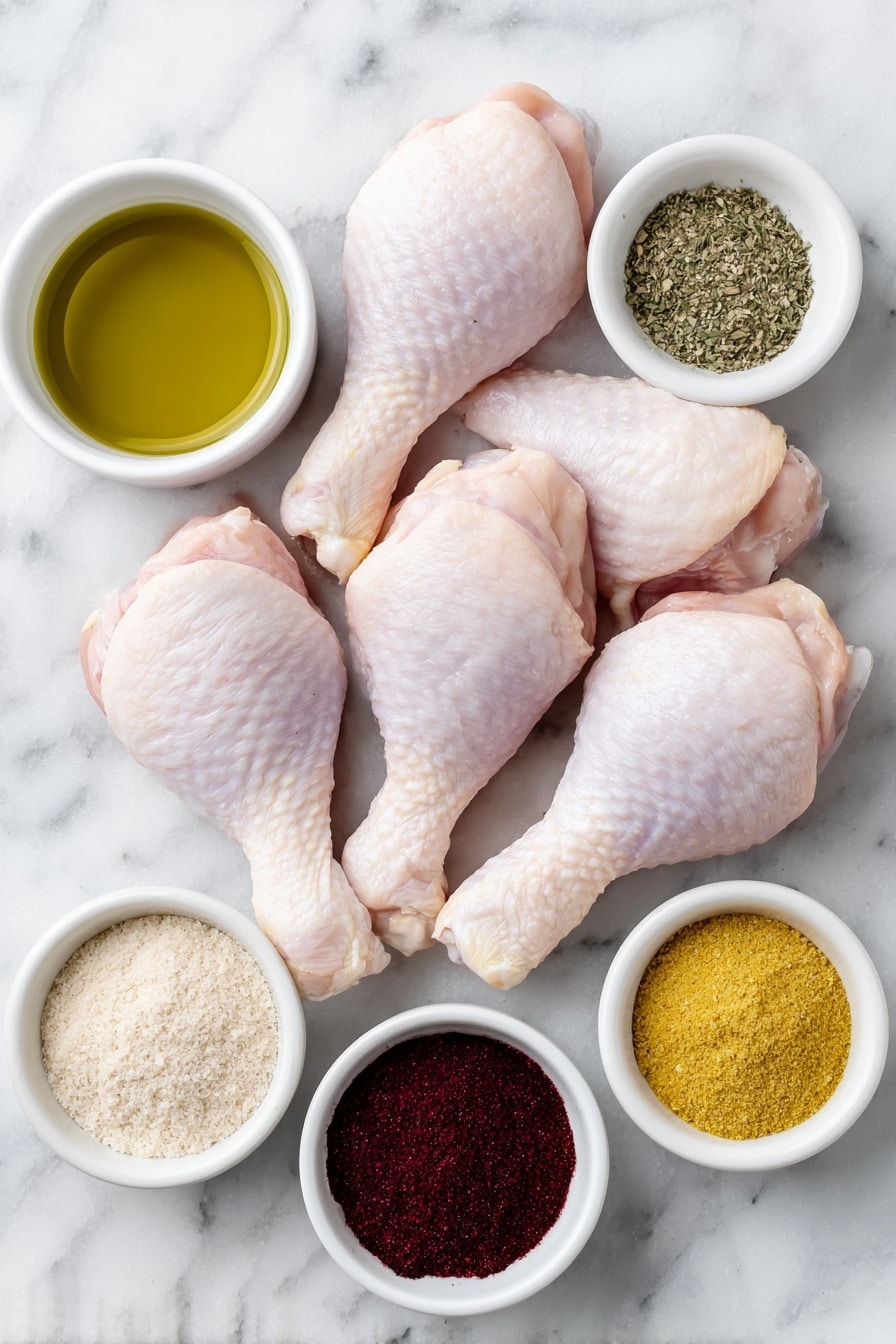 Flat lay of eight fresh skin-on chicken drumsticks with pale pink skin and plump texture, a small white bowl of golden olive oil, a small white bowl of coarse sea salt crystals, a small white bowl of ground black pepper, a small white bowl of pale beige garlic powder, a small white bowl of light tan onion powder, a small white bowl of vibrant smoked paprika powder in deep red, and a small white bowl of bright yellow dry mustard powder, all ingredients arranged symmetrically and balanced, placed on a clean white marble surface, soft natural light, photo taken with an iPhone, professional food photography style, fresh ingredients, white ceramic bowls, no bottles, no duplicates, no utensils, no packaging --ar 2:3 --v 7 --p m7354615311229779997 - Crispy Oven Baked Chicken Legs, oven baked chicken legs, crispy chicken legs recipe, easy baked chicken thighs, weeknight chicken dinner