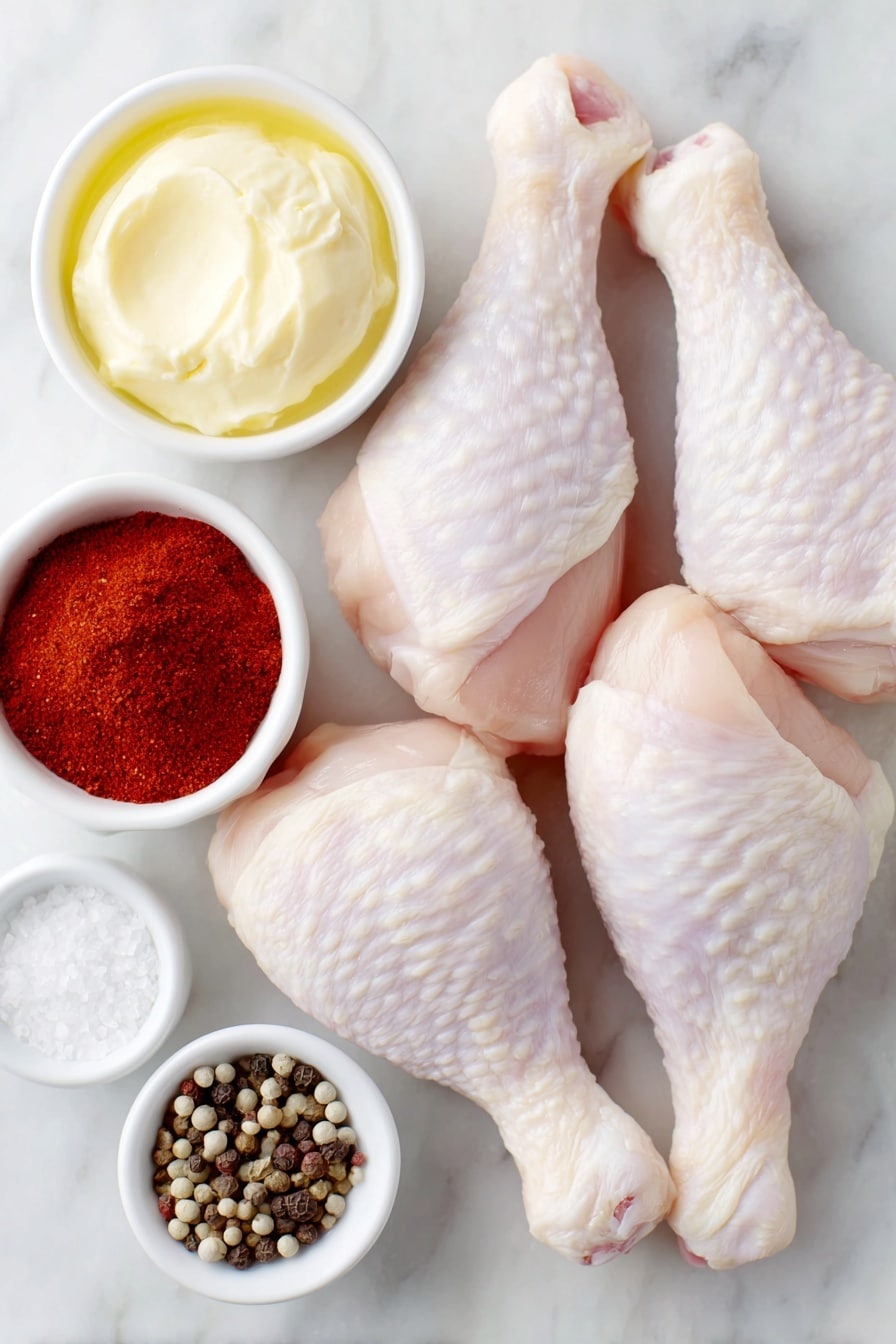 Flat lay of six fresh raw chicken drumsticks with natural skin texture arranged symmetrically, a small white ceramic bowl filled with melted golden butter, a small white ceramic bowl containing vibrant red smoked paprika powder, a small white ceramic bowl with fine white garlic powder, a small white ceramic bowl of coarse sea salt crystals, and a small white ceramic bowl holding cracked black peppercorns ground into coarse black pepper, all placed on a clean white marble surface, soft natural light, photo taken with an iPhone, professional food photography style, fresh ingredients, white ceramic bowls, no bottles, no duplicates, no utensils, no packaging --ar 2:3 --v 7 --p m7354615311229779997 - Crispy Baked Chicken Legs, crispy baked chicken thighs, how to bake crispy chicken, easy chicken dinner, oven-baked chicken recipes