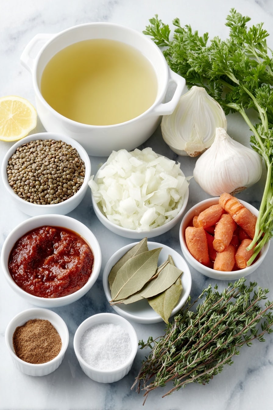 Healthy Carrot Lentil Soup Recipe 7 Flat lay of a small white ceramic bowl of extra virgin olive oil, one medium-sized yellow onion halved to show chopped layers, two whole uncracked garlic cloves, a pile of fresh orange carrot slices, a small white bowl filled with green lentils, a small white bowl with deep red tomato paste, a small white bowl of paprika powder, a small white bowl of ground cumin, a small white bowl containing dried thyme leaves, one fresh bay leaf, a large white ceramic bowl with clear vegetable broth, a small white bowl of fine salt, a small white bowl of ground black pepper, a small white bowl of onion powder, a small white bowl of fresh lemon juice, and a small bunch of fresh flat-leaf parsley sprigs all arranged with perfect symmetry and balanced proportions, placed on a clean white marble surface, soft natural light, photo taken with an iPhone, professional food photography style, fresh ingredients, white ceramic bowls, no bottles, no duplicates, no utensils, no packaging --ar 2:3 --v 7 --p m7354615311229779997 - Healthy Carrot Lentil Soup, nutritious lentil soup, easy vegetable soup, healthy winter soup, vegan carrot soup
