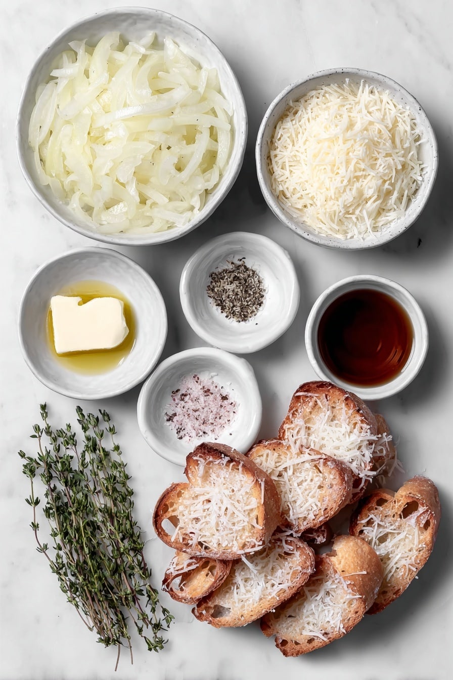 Easy French Onion Soup with Melted Cheese Recipe 7 Flat lay of thinly sliced yellow onions arranged neatly on a simple white ceramic plate, a small white bowl of golden butter cubes, a small white bowl filled with rich olive oil, six fresh thyme sprigs laid symmetrically, a single fresh bay leaf, a small white bowl containing pale white wine, a small white bowl of deep amber beef broth, four slices of toasted baguette with crisp golden crust, a small white bowl heaped with grated Gruyere cheese, coarse sea salt crystals lightly scattered, and whole uncracked brown eggs tucked subtly at the edge for natural color balance, placed on a clean white marble surface, soft natural light, photo taken with an iPhone, professional food photography style, fresh ingredients, white ceramic bowls, no bottles, no duplicates, no utensils, no packaging --ar 2:3 --v 7 --p m7354615311229779997 - French Onion Soup with Melted Cheese, easy French onion soup, homemade onion soup, caramelized onion soup, cheesy French onion broth