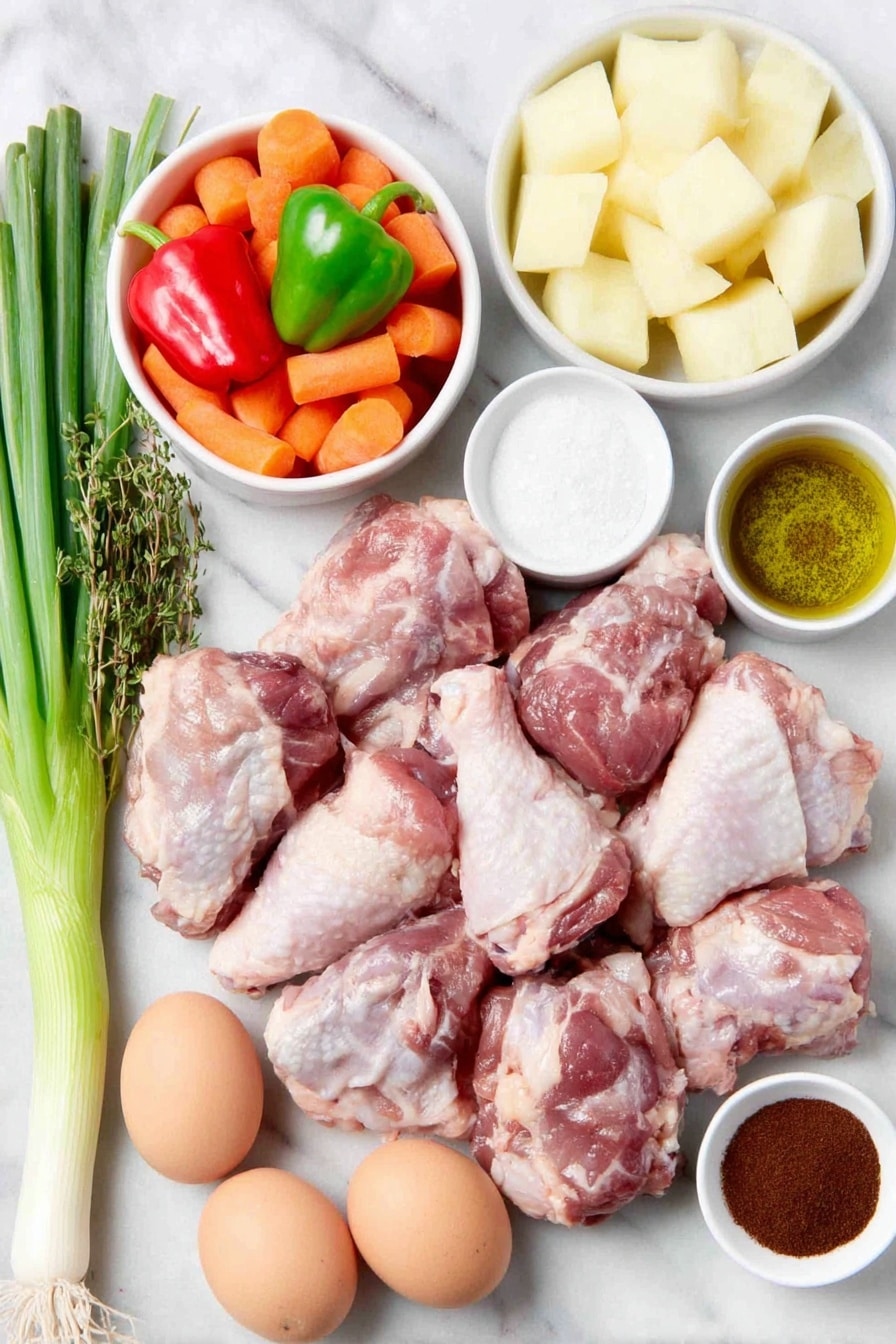 Jamaican Curry Chicken Recipe 7 Flat lay of fresh raw chicken drumsticks and thigh pieces without skin, peeled russet potatoes cut into cubes, peeled and chopped orange carrots, chopped green bell pepper, whole uncracked brown eggs, three whole scotch bonnet peppers with shiny red and orange skins, two fresh green onions (scallions) with crisp white bulbs and long green stalks, three garlic cloves with papery white skins, fresh thyme sprigs with tiny green leaves, small white ceramic bowls containing golden extra virgin olive oil, dark organic brown sugar crystals, creamy full-fat coconut milk, and a blend of Jamaican curry powder and smoked paprika powders, all arranged in perfect symmetry on a clean white marble surface, soft natural light, photo taken with an iPhone, professional food photography style, fresh ingredients, white ceramic bowls, no bottles, no duplicates, no utensils, no packaging --ar 2:3 --v 7 --p m7354615311229779997 - Jamaican Curry Chicken, Caribbean chicken recipes, Jamaican cuisine, spicy curry chicken, coconut milk chicken dish