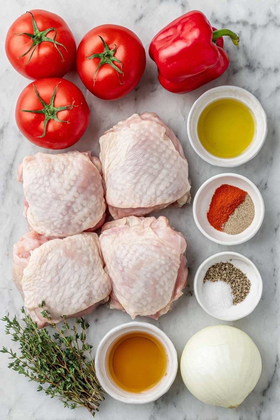 Nigerian Chicken Stew Recipe 7 Flat lay of two whole uncracked brown chicken thighs with natural skin texture, three ripe red tomatoes with green stems, one glossy red bell pepper, one small fresh orange habanero pepper, one whole white onion sliced in half showing layers, a few fresh thyme sprigs, small white ceramic bowls each containing golden olive oil, rich brown chicken stock, fine yellow curry powder, light brown bouillon powder, fine black pepper, and white salt crystals, all arranged symmetrically with balanced spacing on a clean white marble surface, soft natural light, photo taken with an iPhone, professional food photography style, fresh ingredients, white ceramic bowls, no bottles, no duplicates, no utensils, no packaging --ar 2:3 --v 7 --p m7354615311229779997 - Nigerian Chicken Stew, Nigerian Chicken Stew recipe, Nigerian stew with chicken, spicy Nigerian chicken dish, African chicken stew