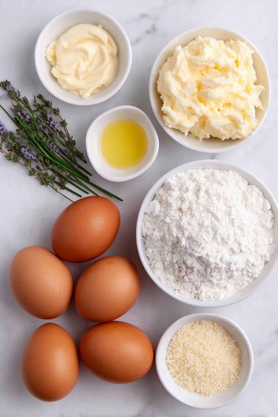 Homemade Scotch Eggs Recipe 7 Flat lay of six whole brown eggs with clean shells, a mound of fresh raw plain sausagemeat, a few sprigs of fresh chives and thyme mixed together, a small white bowl of pale yellow English mustard, a small white bowl of white flour, a small white bowl filled with golden panko breadcrumbs, a small white bowl containing a splash of milk, a pinch of ground mace arranged as a light dusting on the white ceramic surface, and a small white bowl with clear vegetable oil, all arranged symmetrically on a simple white ceramic background, placed on a clean white marble surface, soft natural light, photo taken with an iPhone, professional food photography style, fresh ingredients, white ceramic bowls, no bottles, no duplicates, no utensils, no packaging --ar 2:3 --v 7 --p m7354615311229779997 - Homemade Scotch Eggs, Scotch Eggs Recipe, how to make Scotch Eggs, crispy Scotch Eggs, best Scotch Eggs