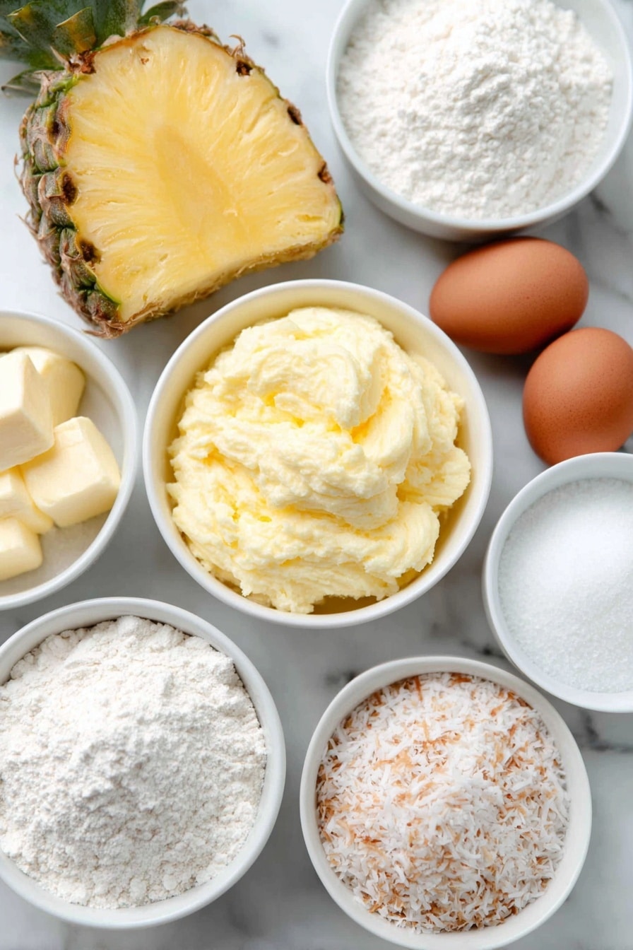 Pineapple Banana Bread Recipe 7 Flat lay of a small white ceramic bowl of softened butter, a small white ceramic bowl of granulated sugar, two whole uncracked brown eggs, a small white ceramic bowl with mashed ripe banana, a small white ceramic bowl with drained crushed pineapple, a small white ceramic bowl of sweetened flaked coconut, a small white ceramic bowl of all-purpose flour, a small white ceramic bowl of baking powder, a small white ceramic bowl of baking soda, a small white ceramic bowl of salt, placed on a clean white marble surface, soft natural light, photo taken with an iPhone, professional food photography style, fresh ingredients, white ceramic bowls, no bottles, no duplicates, no utensils, no packaging --ar 2:3 --v 7 --p m7354615311229779997 - Pineapple Banana Bread, tropical banana bread, moist banana bread recipe, easy pineapple banana bread, flavorful banana bread