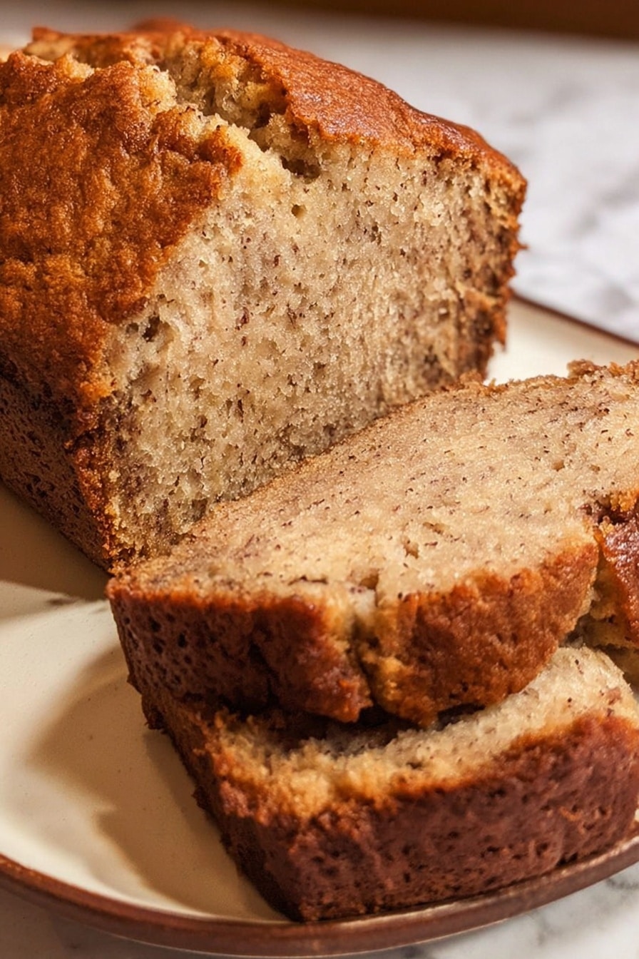 The image shows a loaf of banana bread placed on a white plate with a brown rim, sitting on a white marbled surface. The loaf is cut into thick slices, revealing its soft, moist interior with a light brown color and small darker brown specks spread evenly throughout. The crust is darker brown with a slightly rough, cracked texture, forming a thick layer around the softer inside. The bread looks dense but tender. Photo taken with an iphone --ar 2:3 --v 7 - Best Banana Bread, Easy Banana Bread, Moist Banana Bread, Homemade Banana Bread, Banana Bread with Ripe Bananas