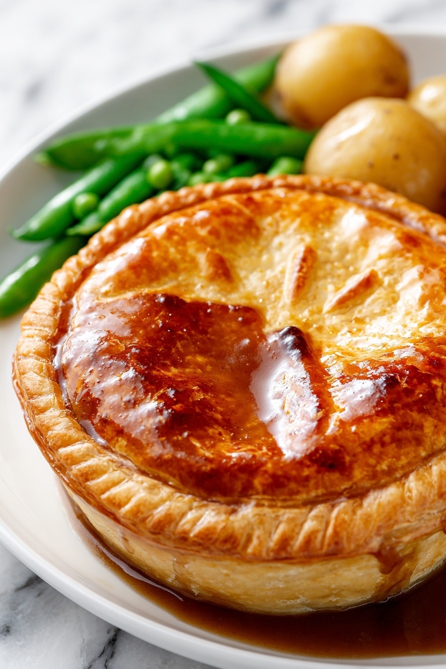 The image shows a close-up of a pie with a golden brown flaky crust forming a round edge. The crust has a slightly uneven texture with crispy browned spots. Inside the crust is a glossy brown sauce with a smooth surface that reflects light. The pie is placed on a white plate, and around the edges, there are light brown small potatoes with slightly rough skin and bright green snap peas with smooth and shiny surfaces. The background is a white marbled texture. photo taken with an iphone --ar 2:3 --v 7 - Scottish Lamb Pie, traditional Scotch pie, Scottish meat pie, homemade lamb pastry, hearty lamb dish