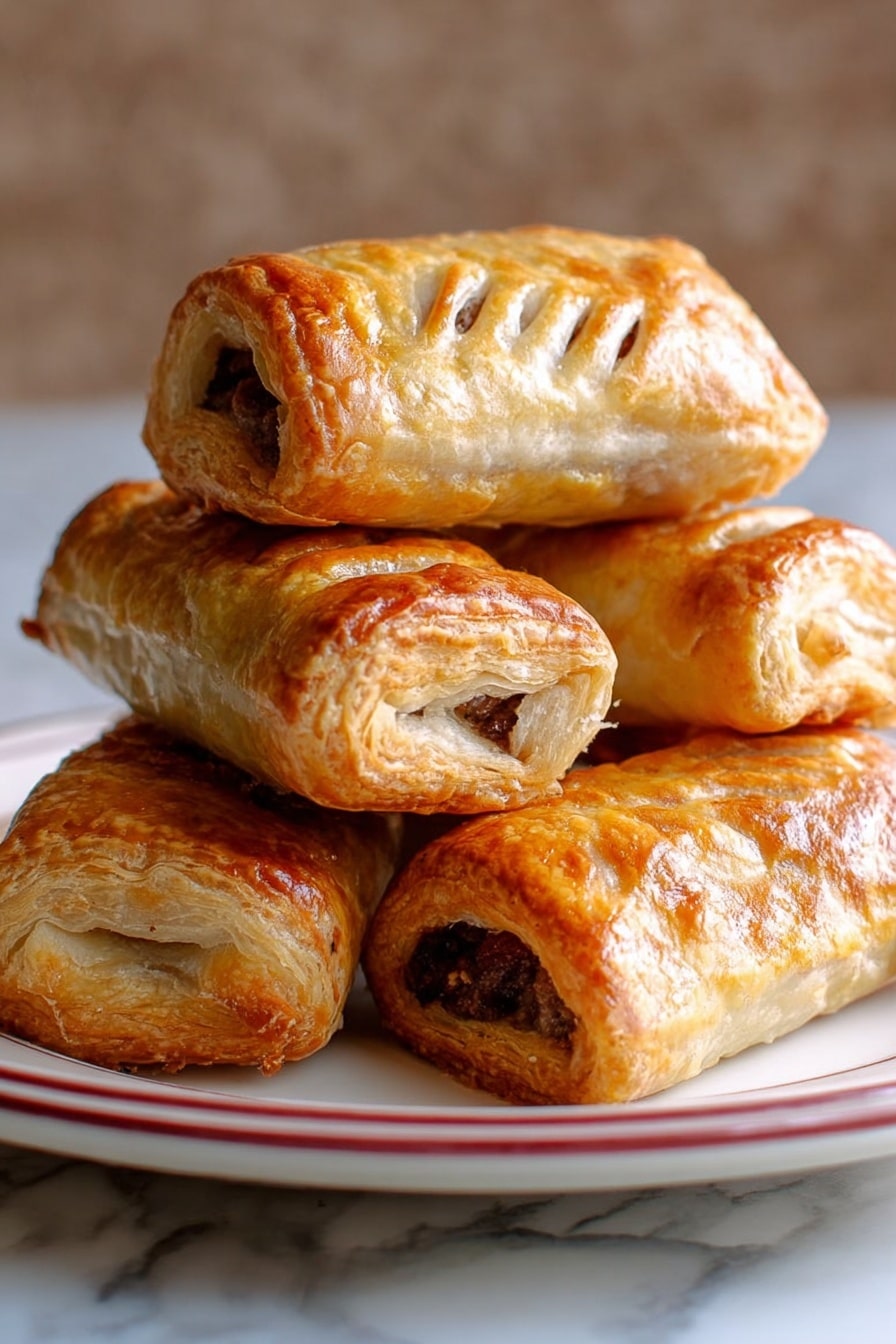 The image shows five golden brown sausage rolls stacked on a white plate with a red rim. Each roll has a shiny, flaky crust with small slits on top, revealing a bit of dark filling inside the puff pastry. The rolls vary slightly in size and shape, creating a cozy, homemade feel. The plate sits on a white marbled surface with a soft focus background. The lighting highlights the crisp texture and warm color of the pastry, making it look fresh and tasty. photo taken with an iphone --ar 2:3 --v 7 - Homemade Scottish Sausage Rolls, Scottish Sausage Rolls recipe, savory Scottish snacks, flaky sausage rolls, traditional Scottish appetizers
