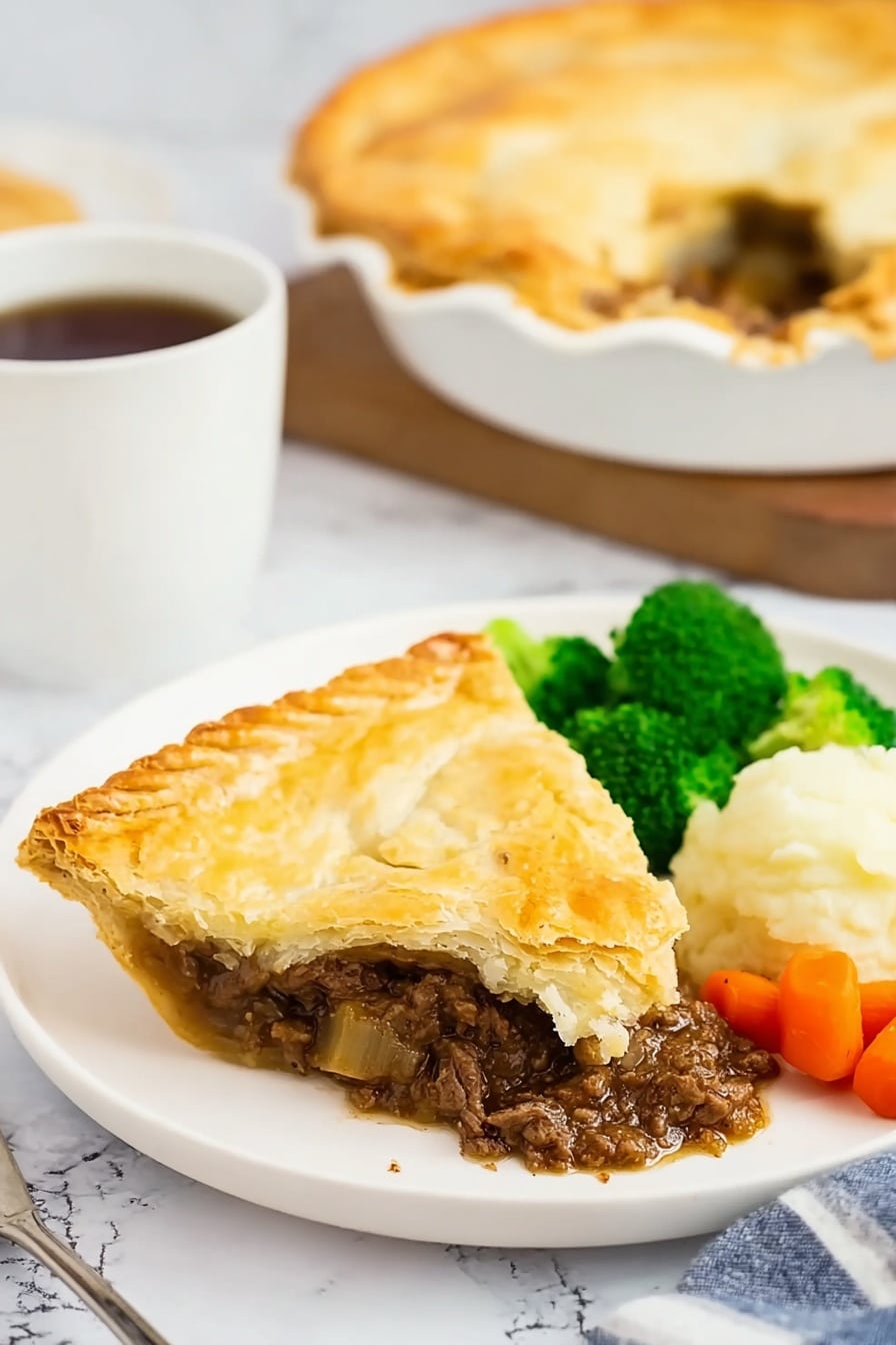 A white plate with a pie slice showing two layers: the bottom layer is a thick, dark brown meat filling with chunks, and the top layer is golden brown flaky crust slightly folded at the edges. On the plate beside the pie slice are bright green broccoli florets, small round orange carrot pieces, and a scoop of smooth white mashed potatoes. In the background, a white pie dish shows the rest of the pie with the same golden crust, and a white cup with dark liquid sits nearby. The setting is on a white marbled surface. photo taken with an iphone --ar 2:3 --v 7 - Scottish Beef Steak Pie, hearty beef steak pie, traditional Scottish pie, beef pie recipe, comfort food recipes