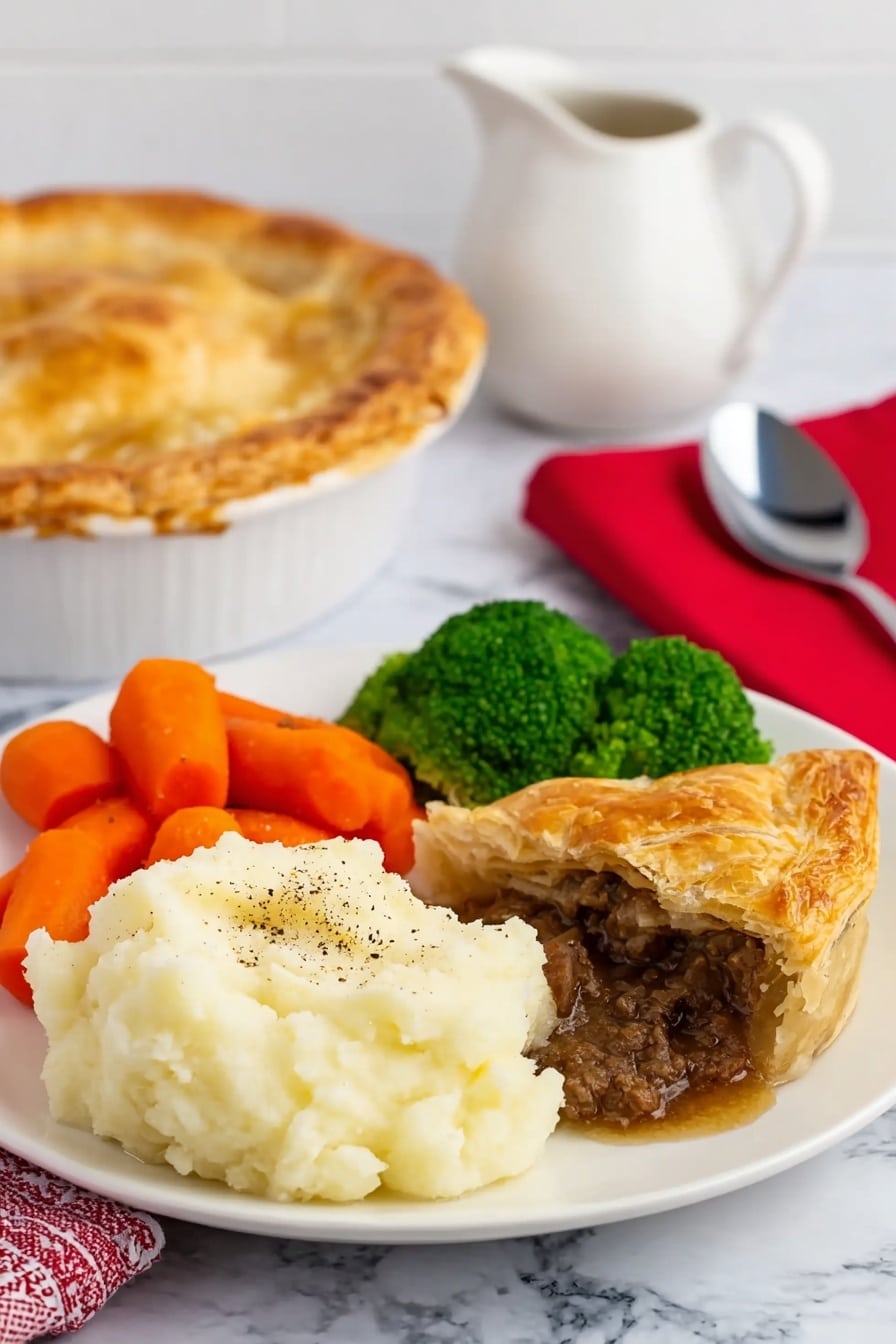 A white plate holds four food parts: a large scoop of creamy white mashed potatoes with black pepper on top in the front left, bright orange sliced carrots next to it on the left, two green broccoli florets in the back center, and a piece of meat pie on the right. The meat pie has a golden brown flaky crust on top with a dark brown meat filling visible under it. In the background, a white dish with a golden brown meat pie covered by crust sits slightly out of focus, along with a white pitcher and a red napkin with a silver spoon on a white marbled surface. Photo taken with an iphone --ar 2:3 --v 7 - Scottish Beef Steak Pie, hearty beef steak pie, traditional Scottish pie, beef pie recipe, comfort food recipes