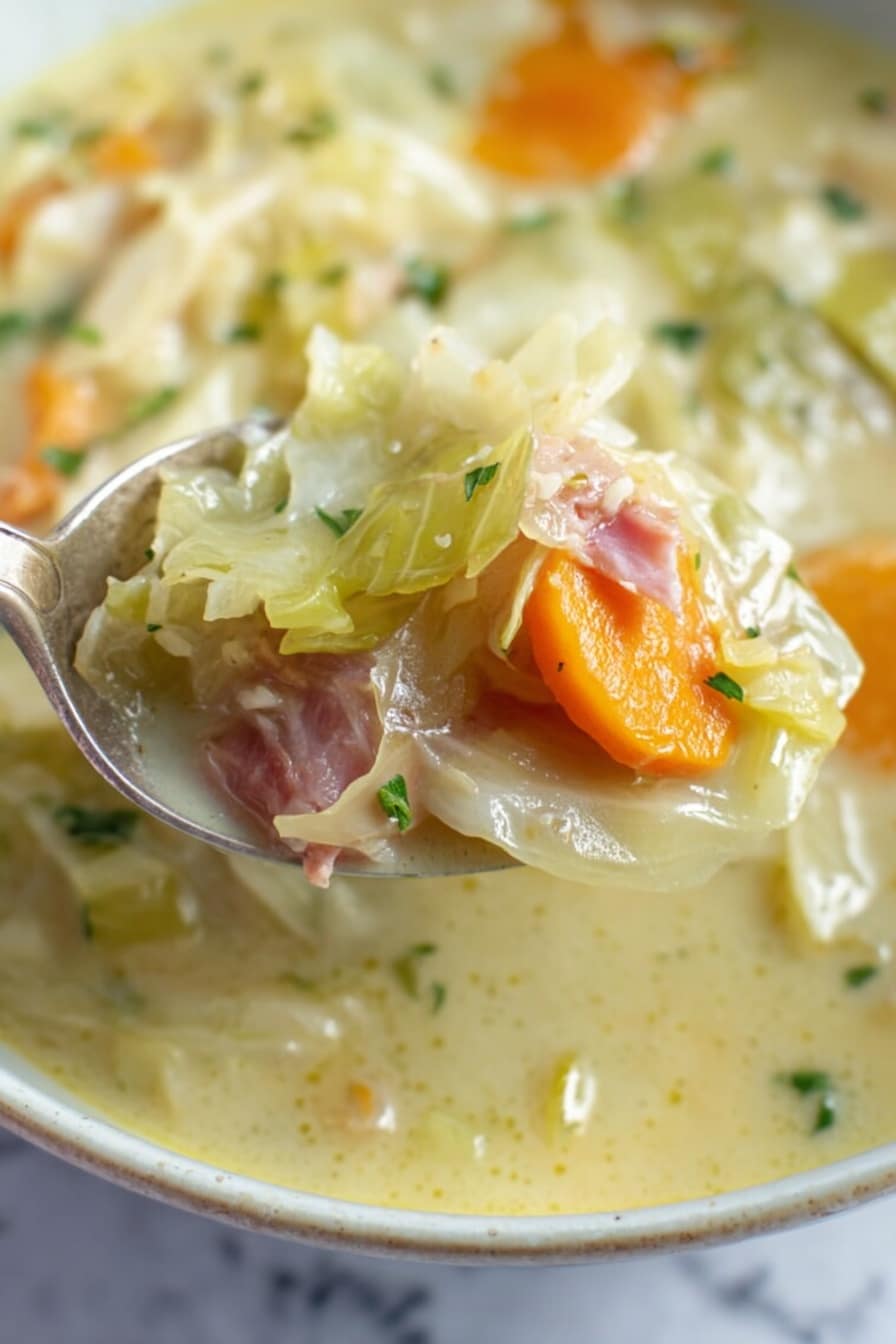 The image shows a close-up of a spoonful of thick soup held over a bowl with a white marbled surface in the background. The spoon holds a creamy light yellow broth with soft, pale green cabbage pieces layered throughout. Bright orange carrot slices and small bits of tender meat, with a pinkish hue, are visible mixed in with the cabbage. Small flecks of green herbs add a fresh touch on top. The texture looks smooth but with chunks of vegetables and meat sitting in the rich broth, giving a cozy and hearty feel. Photo taken with an iphone --ar 2:3 --v 7 - Hearty Scotch Beef and Vegetable Soup, Scottish beef and vegetable soup, hearty beef soup with barley, comforting Scotch broth recipe, nourishing beef and veggie soup