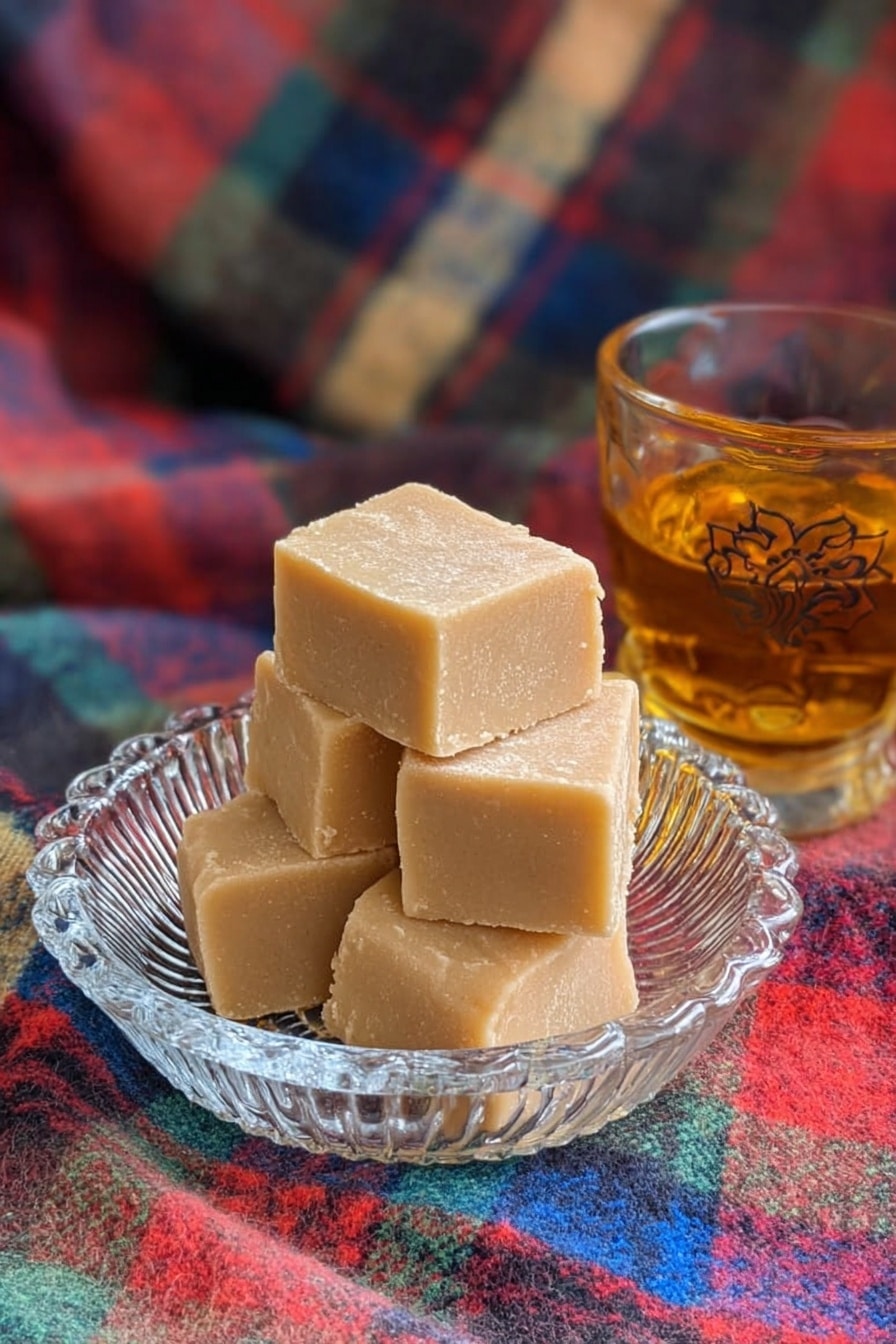 Scottish Tablet Candy Recipe 6 Five beige, smooth textured fudge pieces are stacked in a small clear glass dish with a ridged pattern around the edges. The cubes are neatly shaped and have slightly soft edges. The dish sits on a colorful blanket with a striped pattern in red, blue, green, yellow, black, and beige tones. To the right of the dish, there is a clear glass cup with amber liquid inside and a faint design printed on the glass. The background shows the same colorful plaid blanket. photo taken with an iphone --ar 2:3 --v 7 - Scottish Tablet Candy Scottish Tablet Candy Recipe Traditional Scottish Confectionery How to Make Scottish Tablet Homemade Scottish Candy