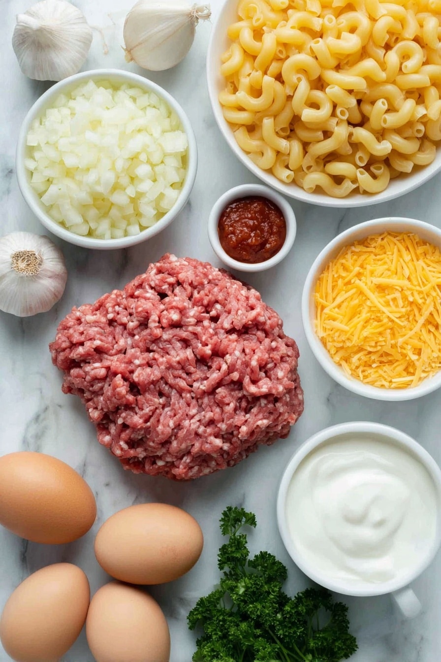 Cheeseburger Pasta Skillet Recipe 7 Flat lay of fresh raw ground beef, a small white bowl with diced yellow onion, two cloves of whole garlic, a small white bowl with bright red tomato paste, a small white bowl filled with rich beef broth, uncooked elbow macaroni scattered neatly, a small pile of shredded cheddar cheese, a small white bowl with creamy whole milk, a small white bowl with smooth sour cream, two whole uncracked brown eggs, and a few sprigs of vibrant chopped parsley arranged symmetrically, placed on a clean white marble surface, soft natural light, photo taken with an iPhone, professional food photography style, fresh ingredients, white ceramic bowls, no bottles, no duplicates, no utensils, no packaging --ar 2:3 --v 7 --p m7354615311229779997 - Cheeseburger Pasta Skillet, cheeseburger pasta, easy pasta recipes, comforting dinner ideas, one-pot pasta meals