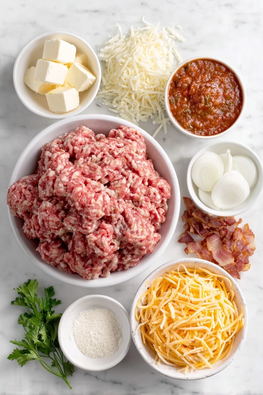 Cheesy Bacon Garlic Lasagna Recipe 7 Flat lay of a mound of rich raw ground beef, a small diced yellow onion, three peeled garlic cloves, crispy crumbled bacon pieces, a white ceramic bowl filled with vibrant red marinara sauce, a small white bowl of golden unsalted butter cubes, a small white bowl with all-purpose white flour, a small white bowl of whole milk, a heap of finely grated pale Parmesan cheese, a small white bowl of bright garlic powder, a stack of flat pale yellow lasagna noodles, a pile of shredded mozzarella cheese in off-white strands, a pile of shredded cheddar cheese in bright orange strands, a small white bowl with finely grated Parmesan for topping, and a few sprigs of fresh green parsley, all placed on a clean white marble surface, soft natural light, photo taken with an iPhone, professional food photography style, fresh ingredients, white ceramic bowls, no bottles, no duplicates, no utensils, no packaging --ar 2:3 --v 7 --p m7354615311229779997 - Cheesy Bacon Garlic Lasagna, cheesy bacon lasagna, bacon garlic lasagna, lasagna with bacon and cheese, savory garlic lasagna