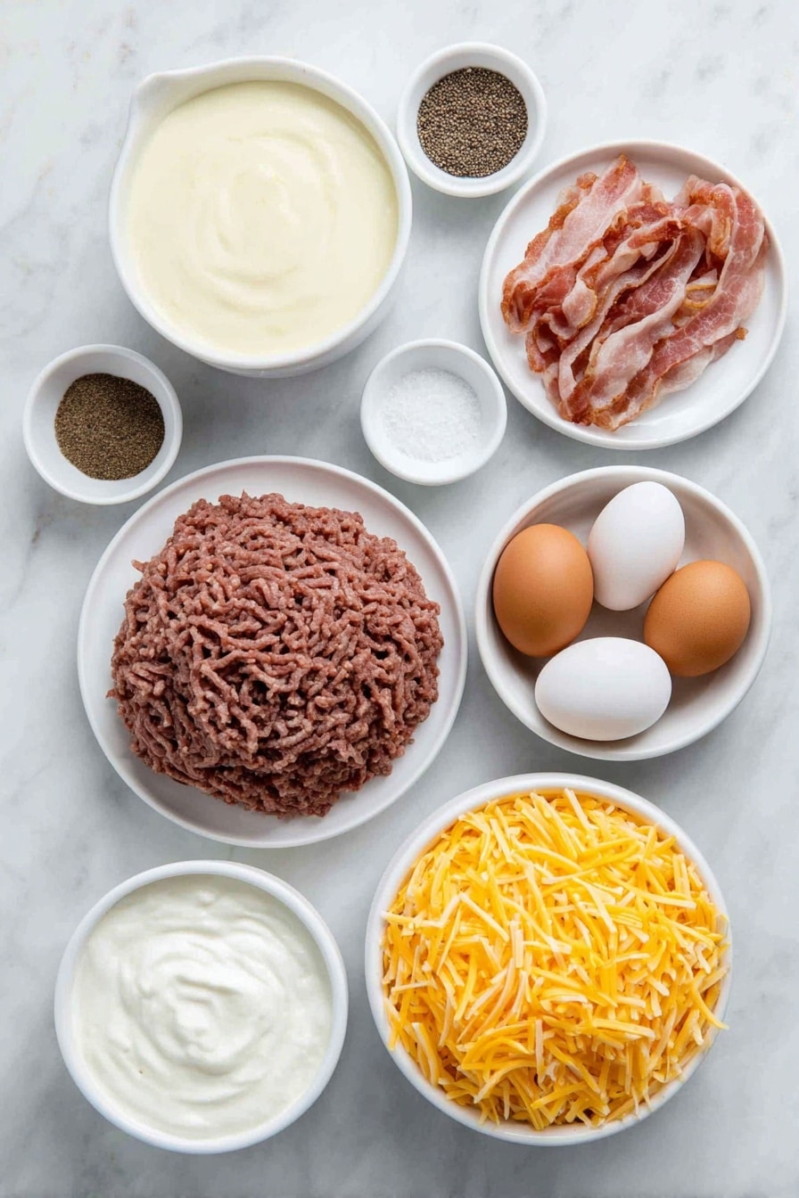 Flat lay of raw ground beef in a small mound, a small white bowl of Worcestershire sauce, a simple white bowl with smooth cheddar cheese condensed soup, a white bowl filled with creamy sour cream, a small pile of chopped cooked bacon pieces, a white bowl with fresh milk, a neat mound of bright yellow shredded cheddar cheese, unbaked golden frozen tater tots arranged in a small cluster, three whole uncracked brown eggs, sprinkled garlic powder, salt crystals, and whole black peppercorns each in tiny white bowls, all arranged in perfect symmetry on a clean white ceramic plate and bowls placed on a clean white marble surface, soft natural light, photo taken with an iPhone, professional food photography style, fresh ingredients, white ceramic bowls, no bottles, no duplicates, no utensils, no packaging --ar 2:3 --v 7 --p m7354615311229779997 - Cheeseburger Tater Tot Casserole, cheeseburger casserole, tater tot casserole, easy comfort food recipes, cheesy ground beef casserole
