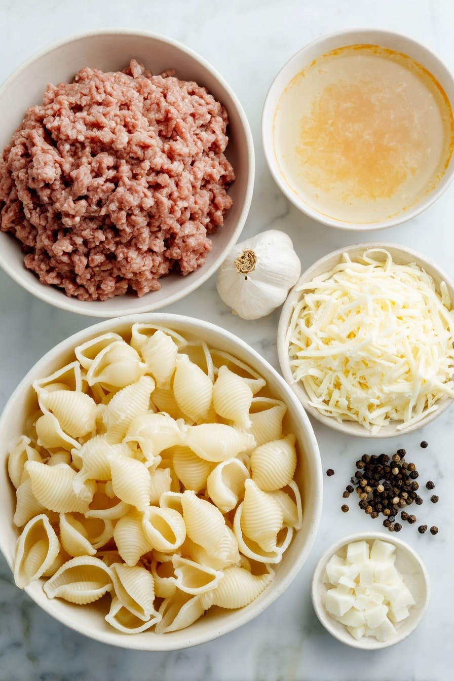Easy Ground Beef Pasta Casserole Recipe 7 Flat lay of medium pasta shells in a simple white ceramic bowl, a mound of fresh raw ground beef, two small white bowls—one filled with smooth tomato soup, the other containing clear water, a small white bowl piled with shredded cheddar cheese, another small white bowl with shredded mozzarella cheese, a few whole garlic cloves, and scattered black peppercorns and coarse salt crystals placed symmetrically around, all arranged with perfect balance on a clean white marble surface, soft natural light, photo taken with an iPhone, professional food photography style, fresh ingredients, white ceramic bowls, no bottles, no duplicates, no utensils, no packaging --ar 2:3 --v 7 --p m7354615311229779997 - Easy Ground Beef Pasta Casserole, ground beef pasta bake, cheesy beef casserole, quick dinner ideas, hearty family meal