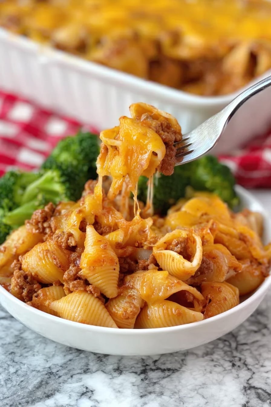Easy Ground Beef Pasta Casserole Recipe 8 A close-up shows a white bowl filled with a layer of cooked shell pasta mixed with a brown ground meat sauce, topped with melted yellow cheese that stretches as a fork lifts a bite. Behind the bowl, bright green broccoli adds a splash of color as a side. In the background, a larger white baking dish has more of the same pasta bake. The scene is set on a white marbled surface with a red and white checkered cloth partially visible. Photo taken with an iphone --ar 2:3 --v 7 - Easy Ground Beef Pasta Casserole, ground beef pasta bake, cheesy beef casserole, quick dinner ideas, hearty family meal
