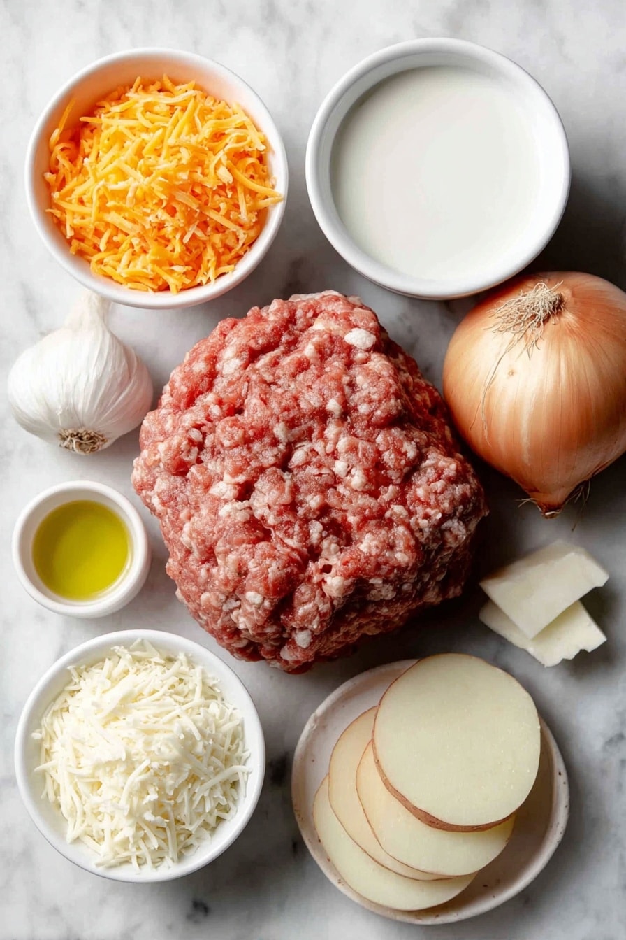 Flat lay of fresh ground beef shaped loosely into a small mound, a medium yellow onion whole and unpeeled, three cloves of garlic in their natural papery skins, several thinly sliced russet potato rounds arranged neatly in a small stack, a small white ceramic bowl filled with bright orange shredded cheddar cheese, another small white bowl with white shredded mozzarella cheese, a small white bowl holding smooth cream of mushroom soup, a small white bowl containing fresh milk, and a small white bowl with golden olive oil, all placed on a clean white marble surface, soft natural light, photo taken with an iPhone, professional food photography style, fresh ingredients, white ceramic bowls, no bottles, no duplicates, no utensils, no packaging --ar 2:3 --v 7 --p m7354615311229779997 - Cheesy Hamburger Potato Casserole, cheesy hamburger casserole, beef and potato bake, cheesy meat and potato dish, hearty one-pot casserole