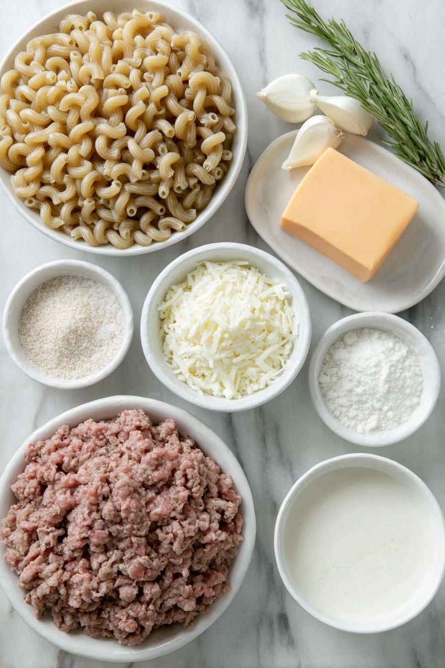Flat lay of a small mound of uncooked elbow macaroni pasta, a portion of raw lean ground beef formed into a loose pile, a few sprigs of fresh garlic cloves next to a small white bowl filled with fine garlic powder, a small white bowl filled with white salt crystals, another small white bowl containing light beige onion powder, a block of smooth cream cheese, a block of sharp cheddar cheese with a rich orange hue, and a small white bowl of creamy milk, all arranged with perfect symmetry on simple white ceramic dishes placed on a clean white marble surface, soft natural light, photo taken with an iPhone, professional food photography style, fresh ingredients, white ceramic bowls, no bottles, no duplicates, no utensils, no packaging --ar 2:3 --v 7 --p m7354615311229779997 - Cheeseburger Pasta, Cheeseburger Pasta Recipe, Easy Cheeseburger Pasta, Creamy Cheeseburger Pasta, One-Pan Cheeseburger Pasta