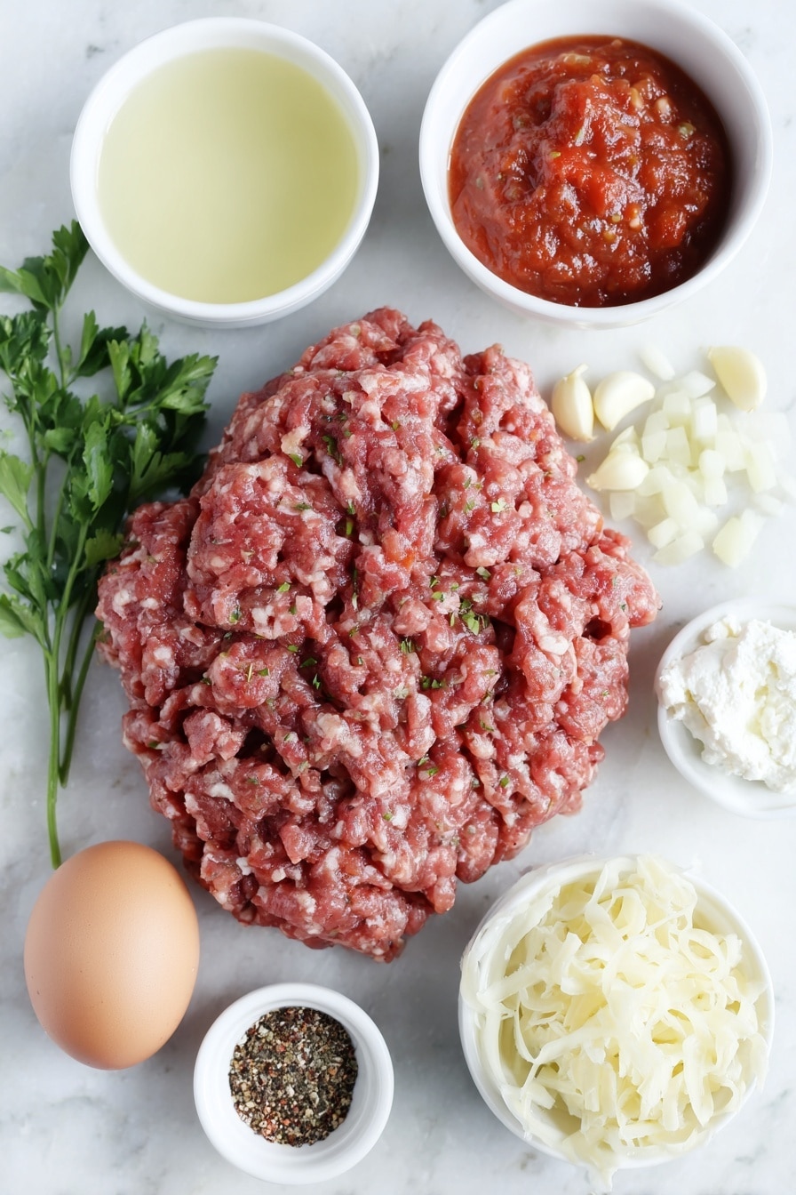 Instant Pot Lazy Lasagna Recipe 7 Flat lay of a mound of raw lean ground beef, a whole uncracked brown egg, a small pile of diced yellow onion, five peeled garlic cloves, a few sprigs of fresh parsley, a cluster of fresh dried basil and oregano leaves, a small white ceramic bowl filled with chicken broth, a small white ceramic bowl of bright red marinara sauce, a small white ceramic bowl of diced fresh tomatoes, a small white ceramic bowl of ground black pepper, a small white ceramic bowl of red pepper flakes, a small white ceramic bowl of onion powder, a neatly arranged stack of raw short Mafalda pasta noodles, a small white ceramic bowl of fresh ricotta cheese, a small white ceramic bowl of freshly grated mozzarella cheese, all placed on a clean white marble surface, soft natural light, photo taken with an iPhone, professional food photography style, fresh ingredients, white ceramic bowls, no bottles, no duplicates, no utensils, no packaging --ar 2:3 --v 7 --p m7354615311229779997 - Instant Pot Lazy Lasagna, quick lasagna dinner, easy lasagna recipe, pressure cooker lasagna, weeknight lasagna