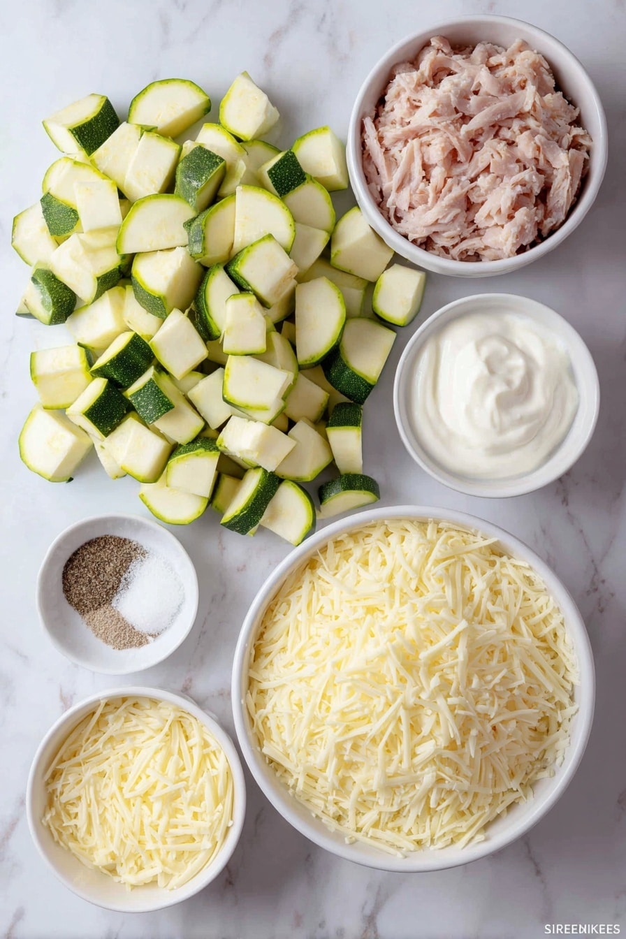 Easy Chicken Zucchini Casserole Recipe 7 Flat lay of two medium zucchini chopped into bite-sized pieces, a small pile of shredded cooked chicken, a small white ceramic bowl of sour cream, a small white ceramic bowl of garlic powder, a small white ceramic bowl of onion powder, a small white ceramic bowl of kosher salt, a small white ceramic bowl of ground black pepper, a small pile of shredded mozzarella cheese, a small pile of grated parmesan cheese, all arranged symmetrically on a clean white marble surface, soft natural light, photo taken with an iPhone, professional food photography style, fresh ingredients, white ceramic bowls, no bottles, no duplicates, no utensils, no packaging --ar 2:3 --v 7 --p m7354615311229779997 - Easy Chicken Zucchini Casserole, healthy chicken zucchini bake, quick zucchini casserole, cheesy chicken zucchini recipe, family-friendly zucchini casserole