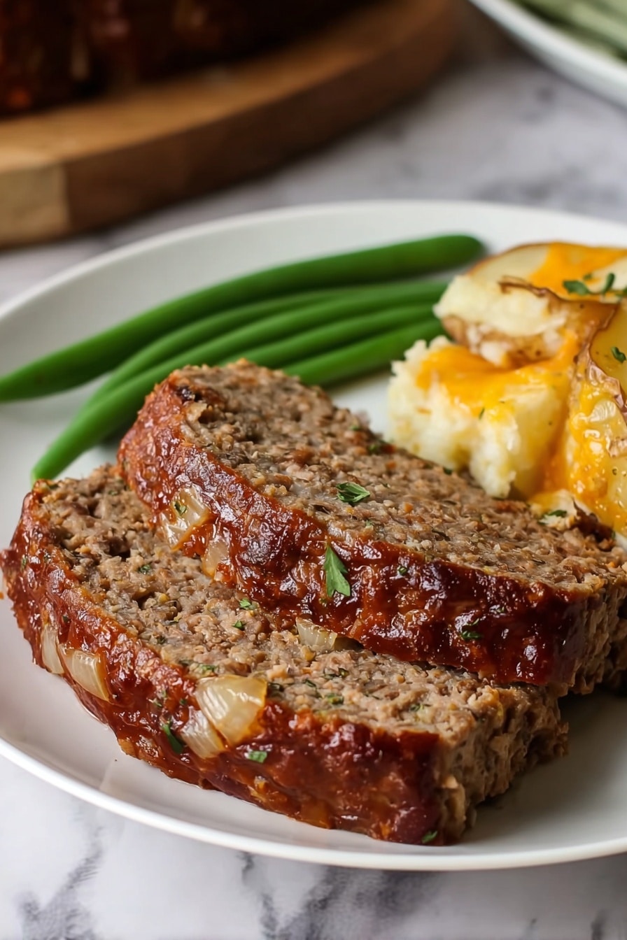 Healthy Classic Meatloaf Recipe 6 The image shows two thick slices of meatloaf with a brown, slightly shiny outer layer and a coarse texture inside, speckled with bits of onion and herbs. The meatloaf slices rest on the left side of a white plate. On the right side of the plate, there is a serving of golden, baked potatoes with visible cheese melted on top, creating a slightly crispy texture. Behind the meatloaf and potatoes, there are three bright green cooked green beans arranged horizontally. The plate is placed on a white marbled surface. Photo taken with an iphone --ar 2:3 --v 7 - Healthy Classic Meatloaf, healthy meatloaf recipe, wholesome meatloaf, light meatloaf dinner, family-friendly meatloaf