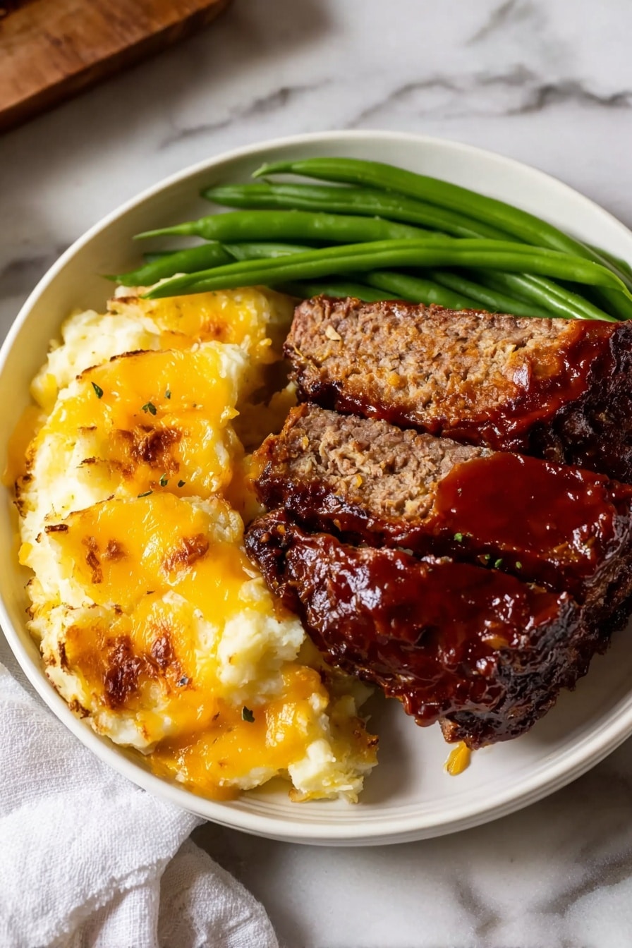 Healthy Classic Meatloaf Recipe 8 The dish shows two thick slices of dark brown meatloaf with a shiny, reddish-brown sauce on top, placed on the right side of a white plate. On the left side, there is a golden-yellow layer of scalloped potatoes with browned spots and a slightly melted cheese texture. Below the meatloaf and potatoes, bright green beans lay side by side, adding a fresh color contrast. The plate sits on a white marbled surface, and a white cloth napkin is visible in the background. Photo taken with an iphone --ar 2:3 --v 7 - Healthy Classic Meatloaf, healthy meatloaf recipe, wholesome meatloaf, light meatloaf dinner, family-friendly meatloaf