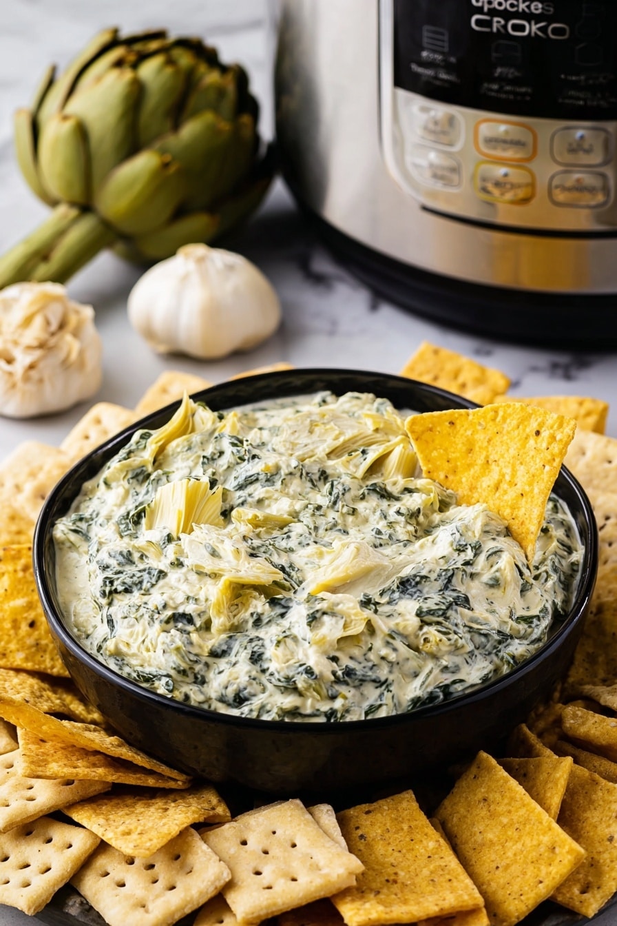 The image shows a black bowl filled with creamy spinach and artichoke dip, textured with chunks of green spinach and pale artichoke pieces mixed in a light cream sauce. Two yellow tortilla chips are dipped into the center of the dip. Around the bowl, there is a layer of golden yellow tortilla chips and light brown rectangular crackers arranged closely in a circle. In the background, there are two whole garlic bulbs and a green artichoke resting on a white marbled surface beside a stainless steel crockpot with black buttons and a small window. The photo taken with an iphone --ar 2:3 --v 7 - Creamy Spinach Artichoke Dip, spinach artichoke dip recipe, crockpot spinach artichoke dip, easy appetizer dip, cheesy spinach artichoke dip