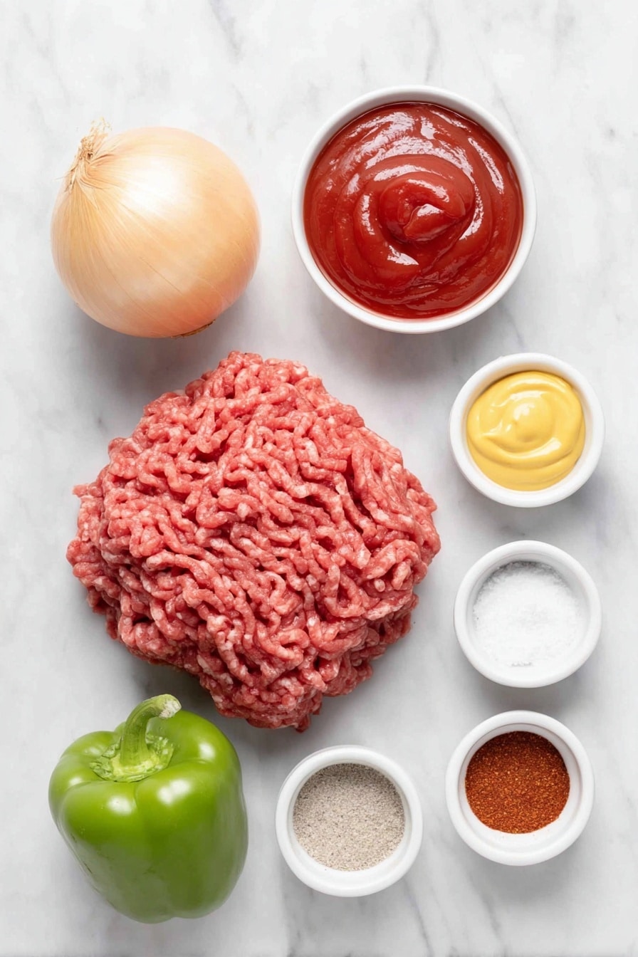 Flat lay of fresh ground beef in a neat mound, a whole yellow onion with smooth skin, a whole green bell pepper with shiny surface, a small white ceramic bowl filled with bright red ketchup, a small white ceramic bowl holding smooth deep red tomato sauce, a small white ceramic bowl containing vibrant yellow mustard, a small white ceramic bowl with amber apple cider vinegar, a small white ceramic bowl with dark Worcestershire sauce, a small white ceramic bowl of light brown sugar crystals, and small white ceramic bowls each with fine white salt, black pepper, pale beige garlic powder, and warm red chili powder, all arranged in perfect symmetry and balanced proportions, placed on a clean white marble surface, soft natural light, photo taken with an iPhone, professional food photography style, fresh ingredients, white ceramic bowls, no bottles, no duplicates, no utensils, no packaging --ar 2:3 --v 7 --p m7354615311229779997 - Slow Cooker Sloppy Joes, easy slow cooker sloppy joes, homemade sloppy joes recipe, family-friendly sloppy joes, beginner sloppy joes