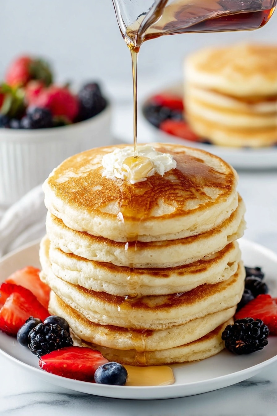 A tall stack of six golden brown pancakes sits in the center of a white plate on a white marbled surface. The pancakes have a soft, fluffy texture with slight crisp edges, and a few small air bubbles can be seen within the batter. On top, there is a dollop of white butter melting slightly, and warm maple syrup is pouring down gently from a glass container, coating the top pancake and dripping down the sides. Around the base of the stack on the plate are fresh berries, including red strawberries sliced thin, blackberries, and whole blueberries, adding bright and rich colors. In the background, there is a blurred white bowl filled with more assorted berries and another white plate holding another smaller stack of pancakes. Photo taken with an iphone --ar 2:3 --v 7 - Fluffy Old-Fashioned Pancakes, classic pancake recipe, easy breakfast pancakes, homemade fluffy pancakes, weekend breakfast ideas