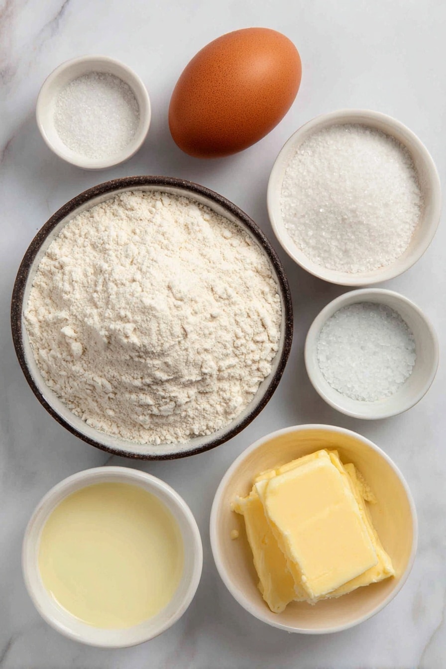 Flat lay of a small mound of white all-purpose flour, four teaspoons of white baking powder in a small white ceramic bowl, a pinch of coarse salt in a tiny white bowl, three tablespoons of granulated white sugar in a small white bowl, one whole large brown egg with a clean shell, a small white bowl filled with creamy pale milk, a small white bowl containing melted golden butter, and a tiny white bowl with clear vanilla extract, all arranged in perfect symmetry on a clean white marble surface, soft natural light, photo taken with an iPhone, professional food photography style, fresh ingredients, white ceramic bowls, no bottles, no duplicates, no utensils, no packaging --ar 2:3 --v 7 --p m7354615311229779997 - Fluffy Pancake, pancake recipe, easy breakfast pancakes, soft fluffy pancakes, homemade pancake