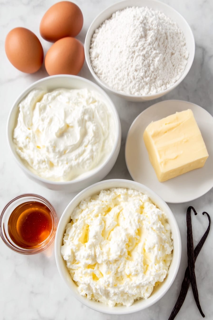 Flat lay of two small white ceramic bowls each filled with creamy vanilla Greek yogurt, a small white bowl of smooth milk, a whole vanilla bean pod next to a small white bowl containing clear vanilla extract, two whole uncracked brown eggs, a simple white ceramic bowl filled with fine original Bisquick mix, a pat of fresh butter on a small white plate, and a small white bowl of rich amber maple syrup, all arranged symmetrically with balanced proportions, placed on a clean white marble surface, soft natural light, photo taken with an iPhone, professional food photography style, fresh ingredients, white ceramic bowls, no bottles, no duplicates, no utensils, no packaging --ar 2:3 --v 7 --p m7354615311229779997 - Creamy Vanilla Yogurt Pancakes, fluffy pancake recipes with yogurt, easy breakfast pancake ideas, vanilla yogurt pancake tutorial, tender pancake recipes