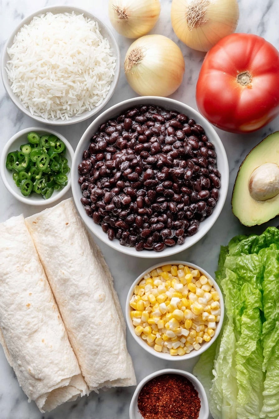 Flat lay of a small white ceramic bowl of rinsed black beans, a small white ceramic bowl of cooked white rice, two whole yellow onions with papery skins intact, two uncracked brown garlic bulbs with cloves visible beneath skins, a large ripe red tomato sliced in half, a small white ceramic bowl of frozen corn kernels, a ripe avocado sliced with green flesh showing, a few leaves of crunchy romaine lettuce sliced, two large plain burrito-size wheat tortillas stacked, a small white ceramic bowl of chopped fresh cilantro, a small white ceramic bowl of marinated sliced jalapeños, and a small white ceramic bowl of deep red chili powder, all arranged in perfect symmetry, placed on a clean white marble surface, soft natural light, photo taken with an iPhone, professional food photography style, fresh ingredients, white ceramic bowls, no bottles, no duplicates, no utensils, no packaging --ar 2:3 --v 7 --p m7354615311229779997 - Vegan Black Bean Rice Burritos, vegan burritos, vegetarian burrito recipes, plant-based burrito ideas, quick vegan lunch