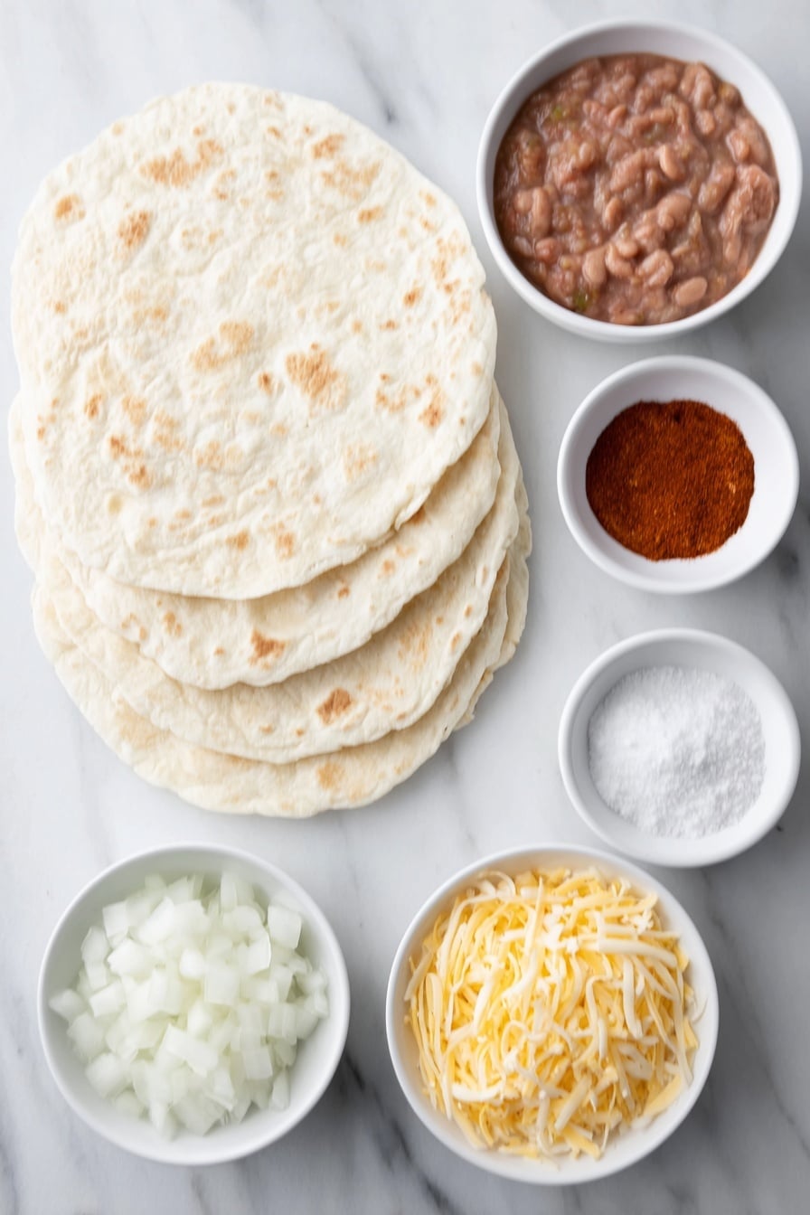 Flat lay of  four large, soft flour tortillas stacked slightly fanned out, a small white bowl of smooth refried beans, a small white bowl with chunky red salsa, a small white bowl containing diced white onion, a small white bowl with bright orange smoked paprika powder, a small white bowl with fine white garlic powder, a small white bowl of coarse kosher salt, a small white bowl of freshly ground black pepper, a small white bowl piled with shredded sharp orange cheddar cheese, a small white bowl piled with shredded creamy white Monterey Jack cheese, all ingredients fresh and natural looking, arranged in perfect symmetry in a balanced layout, placed on a clean white marble surface, soft natural light, photo taken with an iPhone, professional food photography style, fresh ingredients, white ceramic bowls, no bottles, no duplicates, no utensils, no packaging --ar 2:3 --v 7 --p m7354615311229779997 - Baked Bean and Cheese Burritos, easy burritos recipe, quick dinner ideas, vegetarian burritos, budget-friendly Mexican dinner