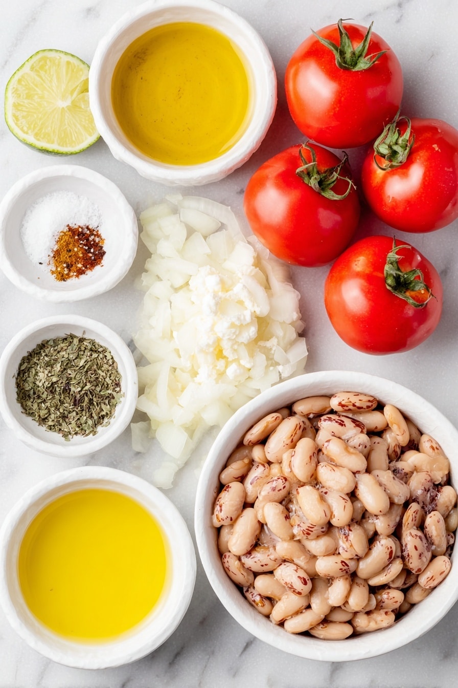 Flat lay of two small white ceramic bowls filled with drained and rinsed pinto beans and smooth vegetable stock, a small white ceramic bowl with olive oil, a small white ceramic bowl with Mexican oregano, a small white ceramic bowl with ground cumin, a small white ceramic bowl with coarse salt, a small white ceramic bowl with freshly cracked black pepper, a small white ceramic bowl holding a few chipotle peppers in adobo sauce, one small chopped white onion, four whole uncracked garlic cloves, five ripe plum tomatoes with smooth skins, a fresh lime wedge, a small white ceramic bowl with crema, a small white ceramic bowl with freshly chopped cilantro leaves, arranged in perfect symmetry, placed on a clean white marble surface, soft natural light, photo taken with an iPhone, professional food photography style, fresh ingredients, white ceramic bowls, no bottles, no duplicates, no utensils, no packaging --ar 2:3 --v 7 --p m7354615311229779997 - Spicy Pinto Bean Soup with Roasted Tomatoes, smoky bean soup, spicy vegetarian soup, easy healthy soup recipes, cozy comfort food