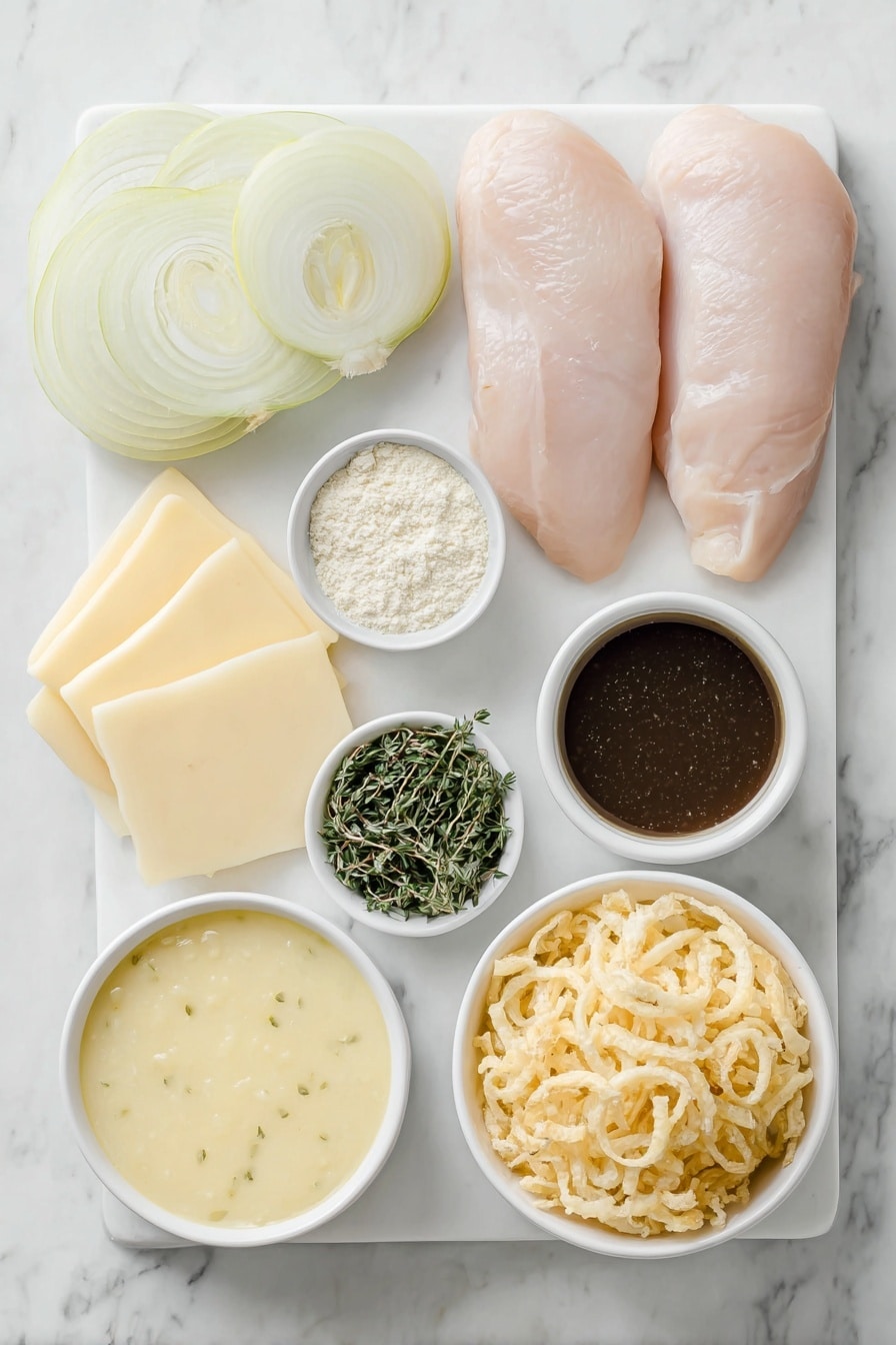 Flat lay of a large yellow onion sliced into rings, four raw boneless skinless chicken breasts with smooth pale skin, a small white bowl filled with thick cream of chicken soup, a small white bowl holding fine dry onion soup mix powder, a small white bowl with rich dark beef broth, six slices of pale creamy provolone cheese stacked neatly, a small white bowl containing green thyme leaves, a small white bowl filled with golden crispy fried onions, all arranged symmetrically and balanced, placed on a clean white marble surface, soft natural light, photo taken with an iPhone, professional food photography style, fresh ingredients, white ceramic bowls, no bottles, no duplicates, no utensils, no packaging --ar 2:3 --v 7 --p m7354615311229779997 - French Onion Chicken Crock Pot, French Onion Chicken, Slow Cooker French Onion Chicken, Easy French Onion Chicken, Comfort Food Chicken