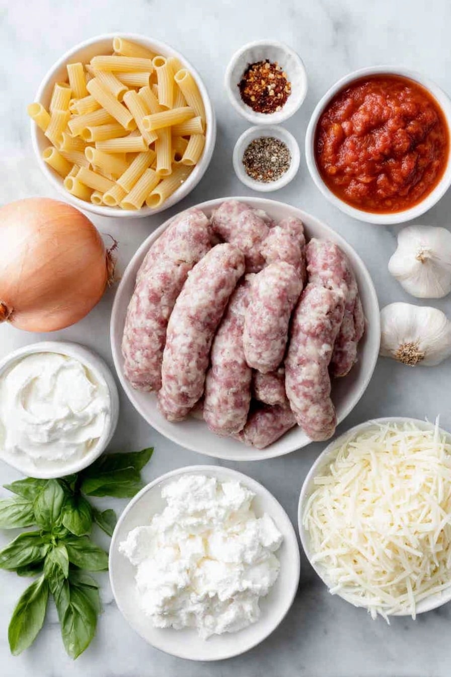 Creamy Baked Ziti with Italian Sausage Recipe 7 Flat lay of uncooked ziti pasta in a simple white ceramic bowl, fresh Italian sausage links on a white plate, one medium chopped onion neatly piled on a white dish, several cloves of whole garlic arranged beside the onion, a small white bowl of Italian seasoning powder, a tiny white bowl with crushed red pepper flakes, a simple white bowl filled with crushed tomatoes, a small white bowl of heavy cream, a small white bowl of granulated white sugar, a white ceramic bowl holding smooth ricotta cheese dollops, a white plate with freshly grated parmesan cheese, a white plate with shredded mozzarella cheese, and a few sprigs of fresh parsley and basil casually placed together on a white dish, all placed on a clean white marble surface, soft natural light, photo taken with an iPhone, professional food photography style, fresh ingredients, white ceramic bowls, no bottles, no duplicates, no utensils, no packaging --ar 2:3 --v 7 --p m7354615311229779997 - Creamy Baked Ziti with Italian Sausage, Italian sausage baked pasta, cheesy baked ziti, comfort Italian pasta dish, hearty baked ziti recipe