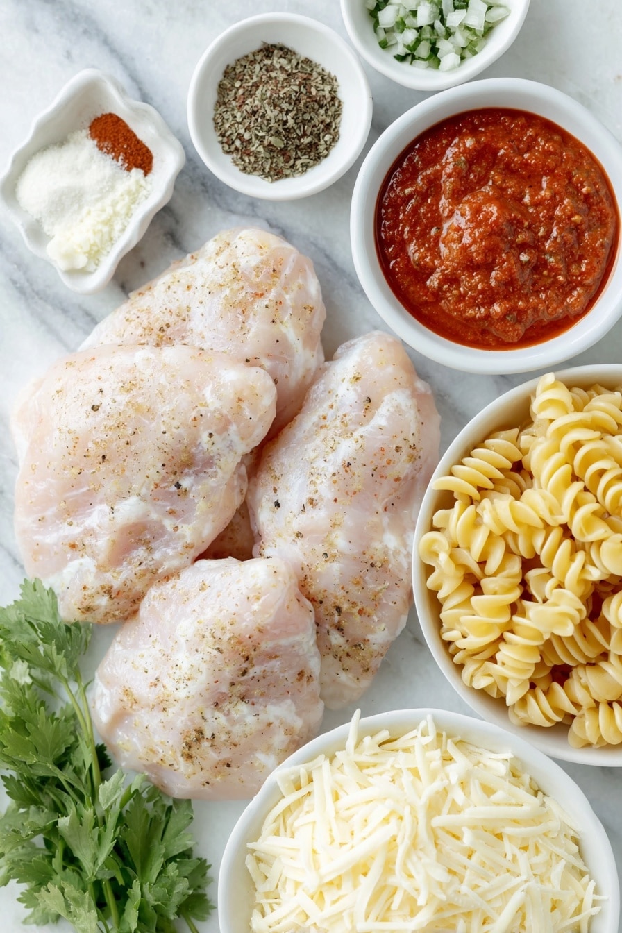Creamy Chicken Enchilada Pasta Recipe 7 Flat lay of fresh raw chicken breasts, a small mound of coarse salt, black peppercorns scattered neatly, small white bowls with ground cumin, chili powder, dried cilantro, and cayenne pepper, a simple white bowl filled with bright red enchilada sauce, a white bowl containing diced tomatoes with green chilies, a whole chopped onion in pieces, a small white bowl of minced garlic, a block of fresh cream cheese, a pile of shredded Colby Jack cheese, cooked Cellentani pasta spirals arranged elegantly, and a few sprigs of vibrant fresh cilantro, all placed on a clean white marble surface, soft natural light, photo taken with an iPhone, professional food photography style, fresh ingredients, white ceramic bowls, no bottles, no duplicates, no utensils, no packaging --ar 2:3 --v 7 --p m7354615311229779997 - Creamy Chicken Enchilada Pasta, Chicken Enchilada Pasta, Easy Creamy Pasta Recipes, Quick Weeknight Dinner, Cheesy Chicken Pasta