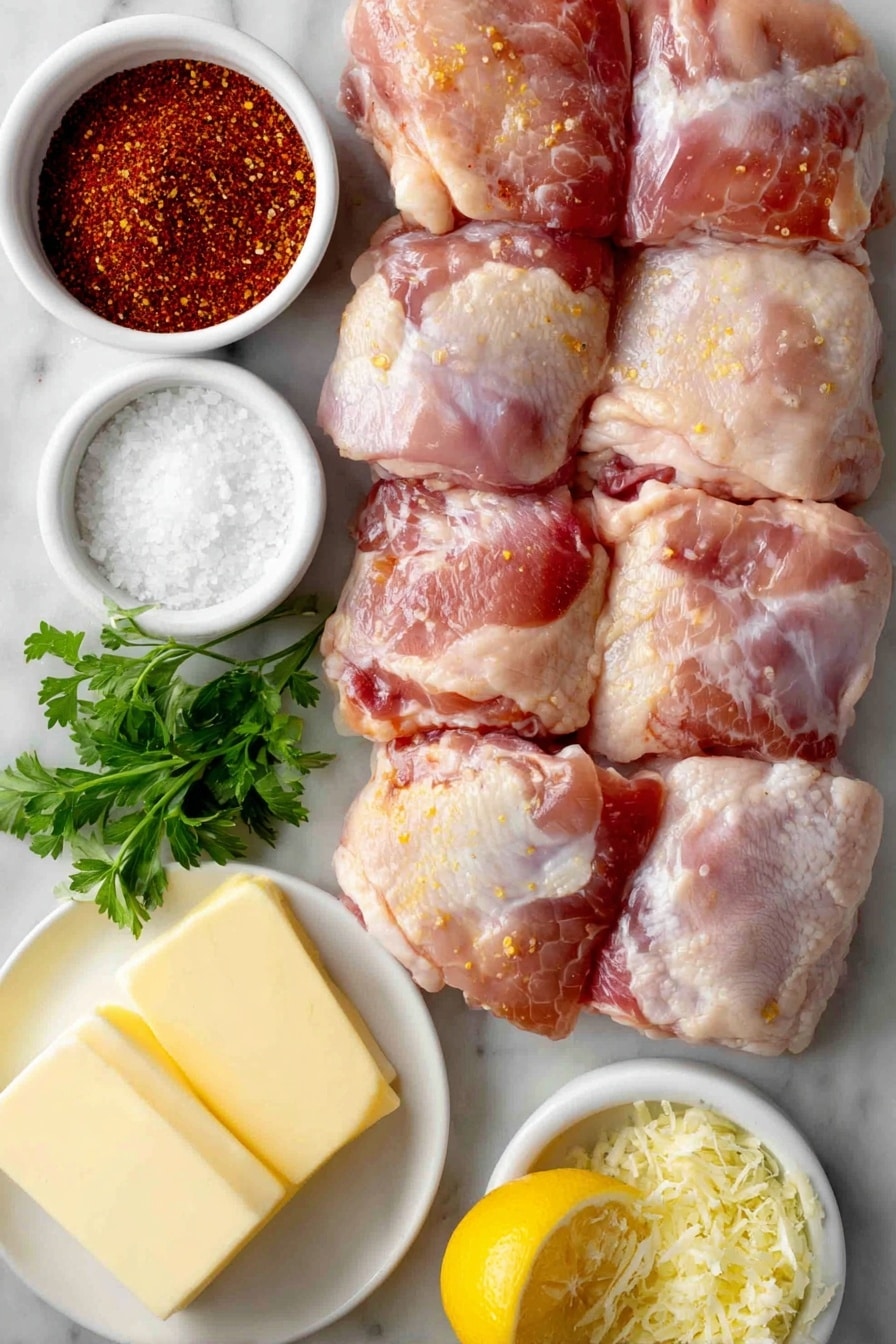 Crockpot Lemon Garlic Chicken Thighs Recipe 7 Flat lay of fresh boneless skinless chicken thighs neatly arranged, a small white bowl of vibrant red paprika powder, a small white bowl of coarse salt crystals, a small white bowl of finely ground garlic powder, a small white bowl of onion powder, a small white bowl of cracked black pepper, a small white bowl of crushed red pepper flakes, a medium lemon whole with bright yellow skin next to a small white bowl containing freshly minced garlic, several slices of creamy salted butter stacked delicately on a simple white ceramic plate, a small white bowl with lemon zest, a few sprigs of fresh bright green parsley, and a halved lemon showing its juicy interior placed beside the ingredients, all placed on a clean white marble surface, soft natural light, photo taken with an iPhone, professional food photography style, fresh ingredients, white ceramic bowls, no bottles, no duplicates, no utensils, no packaging --ar 2:3 --v 7 --p m7354615311229779997 - Crockpot Lemon Garlic Chicken Thighs, easy slow cooker chicken, lemon garlic chicken thighs recipe, juicy slow cooker chicken, flavorful chicken thigh dinner