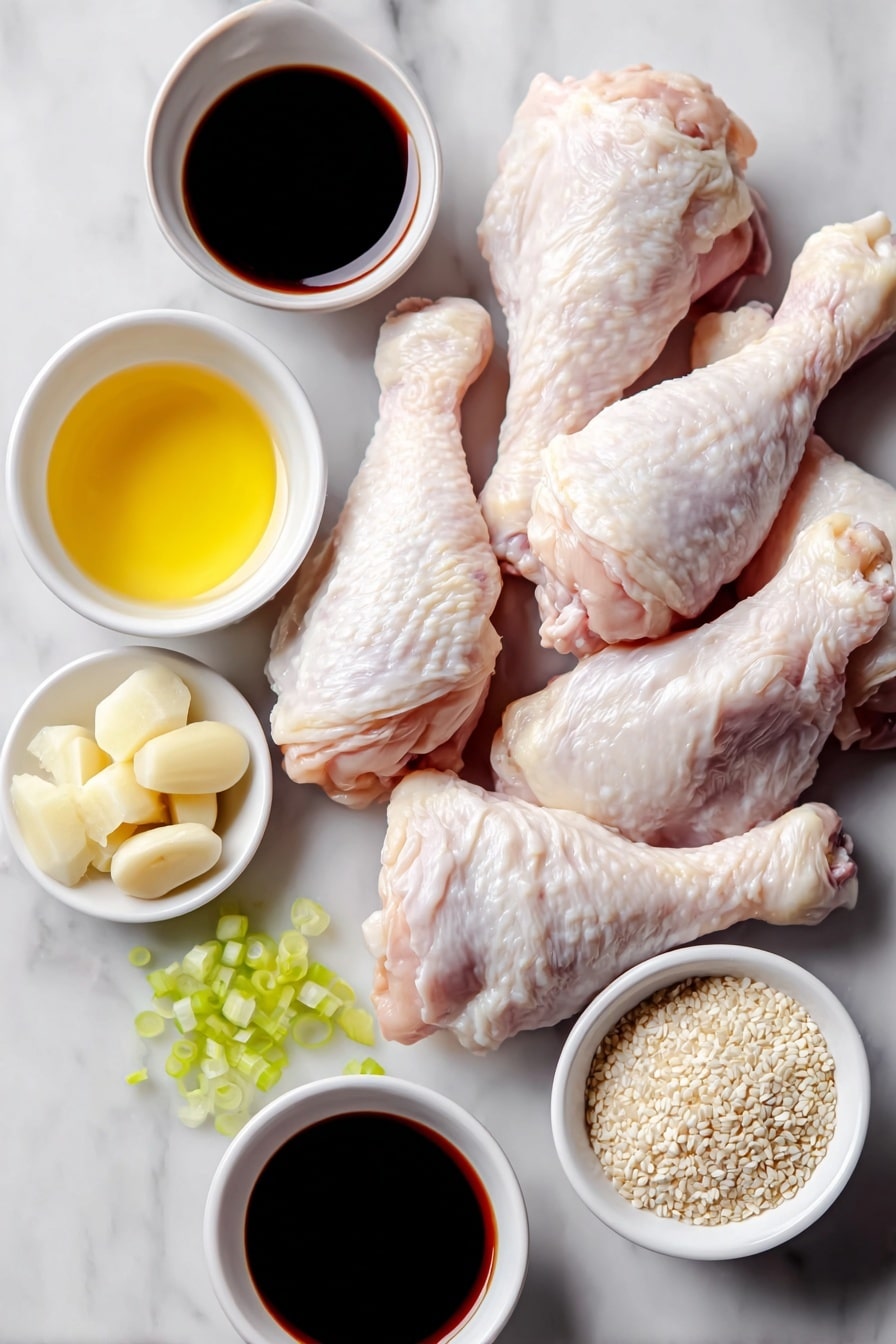 Honey Soy Baked Chicken Drumsticks Recipe 7 Flat lay of ten fresh raw chicken drumsticks, a small white bowl of golden honey, a small white bowl of dark soy sauce, a small white bowl of amber sesame oil, four peeled garlic cloves, a small pile of minced fresh ginger, a small white bowl of coarse salt and freshly cracked black pepper, a small white bowl of toasted sesame seeds, two bright green diced scallions scattered neatly beside the bowls, placed on a clean white marble surface, soft natural light, photo taken with an iPhone, professional food photography style, fresh ingredients, white ceramic bowls, no bottles, no duplicates, no utensils, no packaging --ar 2:3 --v 7 --p m7354615311229779997 - Honey Soy Baked Chicken Drumsticks, baked chicken drumsticks, easy chicken recipes, flavorful baked chicken, juicy chicken thighs
