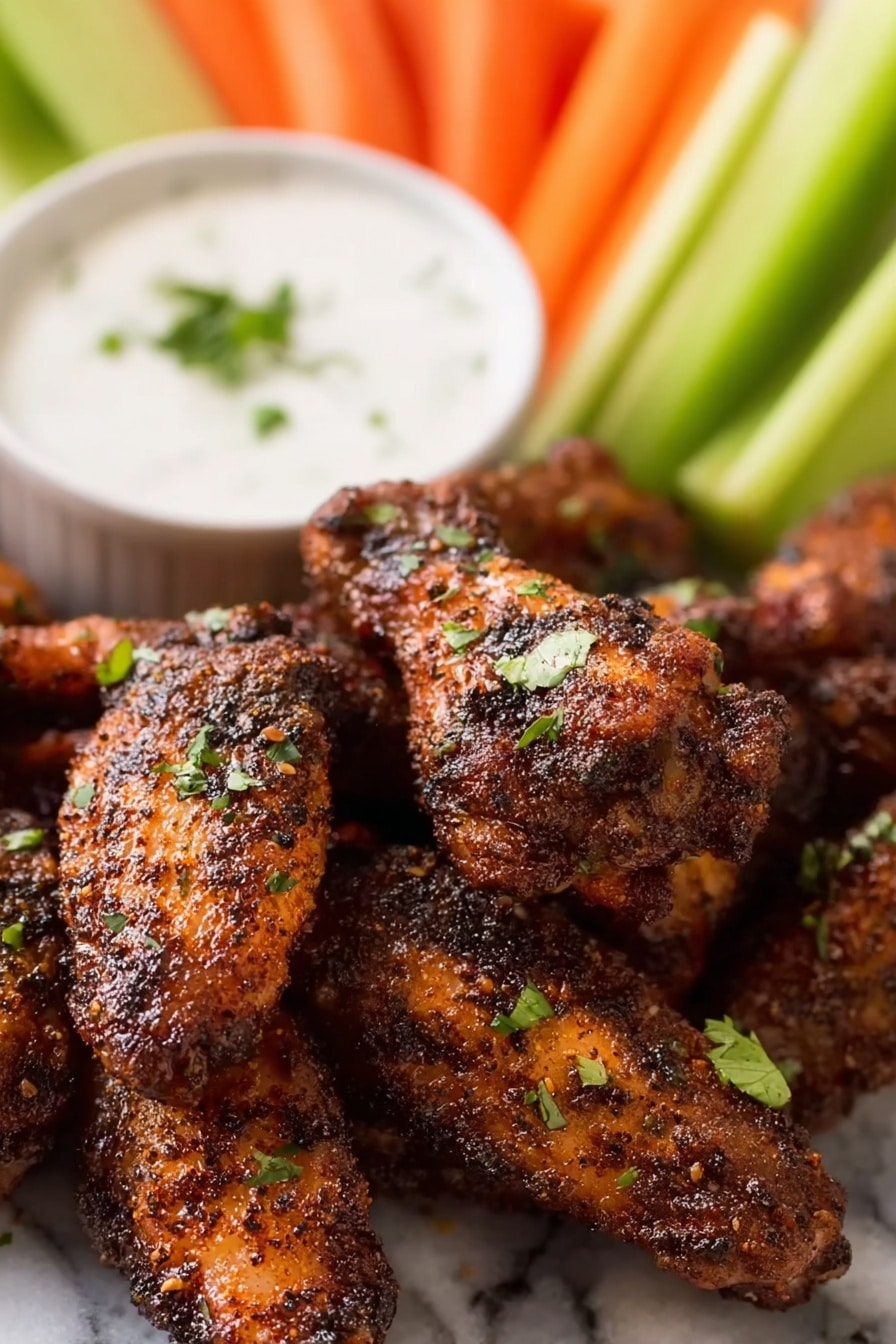 Dry Rubbed Baked Chicken Wings with Gorgonzola Sauce Recipe 8 The image shows a close-up of a pile of crispy chicken wings with a dark brown, textured seasoning coating. The wings are sprinkled with small green herb pieces. Behind the wings, there is a white bowl filled with creamy white dipping sauce topped with a little green herb. In the background, there are long, fresh carrot sticks and celery sticks standing vertically. The whole scene is set against a white marbled surface. photo taken with an iphone --ar 2:3 --v 7 - Dry Rubbed Baked Chicken Wings with Gorgonzola Sauce, chicken wing recipes, baked chicken wings, spicy chicken wings, gorgonzola sauce recipes