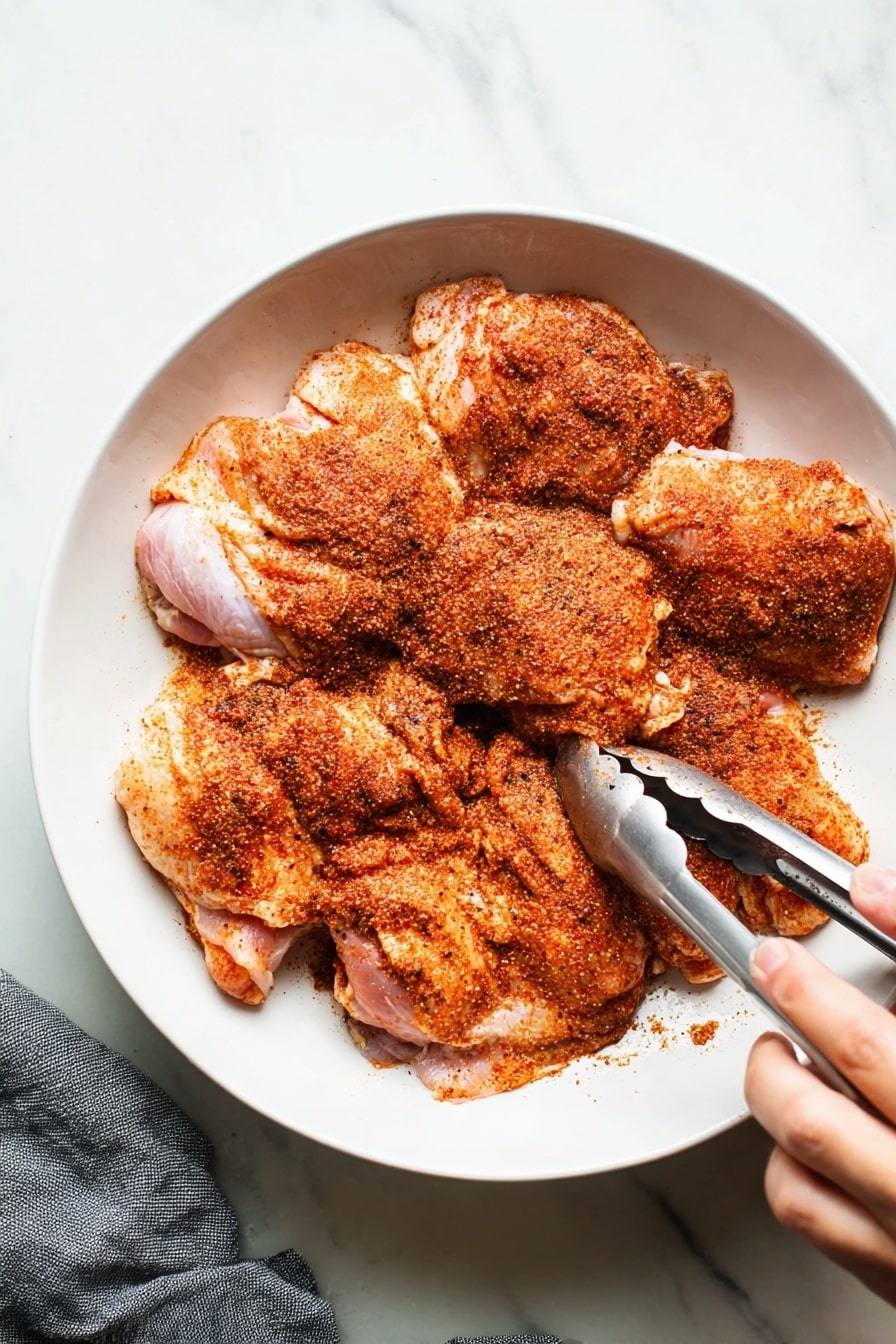Oven Baked Chicken Thighs with Spices Recipe 6 A white bowl filled with several pieces of raw chicken thighs, each coated thickly with a reddish-brown spice mix. The chicken pieces are layered closely together, showing patches of pale pink skin under the bold spice. A woman's hand holding metal tongs is on the right side, touching one piece of chicken to press or turn it. The bowl sits on a white marbled surface with a gray cloth napkin partially visible on the left side. The reddish spice contrasts vividly against the white bowl and pink chicken skin. photo taken with an iphone --ar 2:3 --v 7 - Oven Baked Chicken Thighs with Spices, flavorful chicken thighs, easy chicken thigh recipe, crispy baked chicken, spice-rubbed chicken thighs