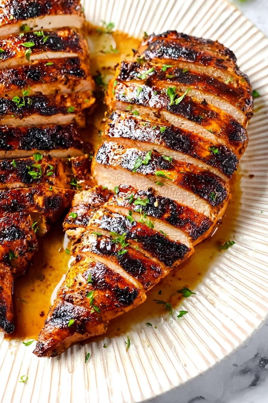 Juicy Grilled Chicken Marinade Recipe 6 The image shows two large pieces of sliced grilled chicken placed on a white plate with a ridged pattern. Each piece has about seven to eight thick slices revealing the cooked, juicy inside with a light brown color. The outside of the chicken has a dark golden brown, slightly charred skin with visible grill marks and a shiny, glazed texture. Small green herbs are scattered on top, adding a fresh touch. A light sauce or juice with herbs pools slightly around the chicken on the plate. The plate is set on a white marbled surface. photo taken with an iphone --ar 2:3 --v 7 - Juicy Grilled Chicken Marinade, grilled chicken marinade, easy chicken marinade, flavorful chicken marinade, healthy grilled chicken