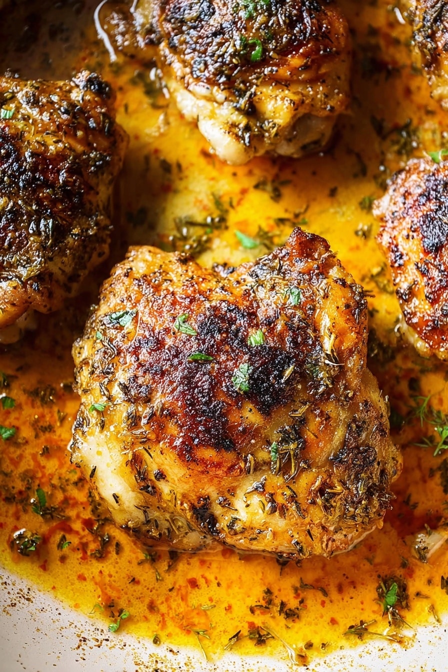 A close-up image shows five pieces of cooked chicken thighs in a white pan, with one large piece centered. The chicken skin is golden brown with crispy, charred black spots, and a textured surface of seasoning. The chicken sits in a thin orange sauce, dotted with herbs and oil, giving a shiny and slightly oily look. Small green herb bits are sprinkled on top, adding contrast to the warm, orange sauce and browned chicken. The white marbled surface is faintly visible around the pan edges. photo taken with an iphone --ar 2:3 --v 7 - Oven Baked Chicken Thighs, crispy skin chicken, baked chicken thighs recipe, flavorful chicken thighs, easy oven baked chicken