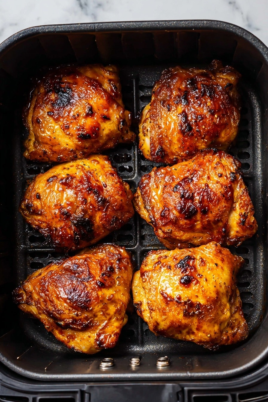 Air Fryer BBQ Chicken Thighs Recipe 6 The image shows six pieces of cooked chicken thighs arranged neatly in two rows inside a black air fryer tray. Each piece has a crispy golden-brown skin with darker charred spots, giving a textured look of roasted and slightly caramelized meat. The chicken pieces are plump and juicy with a shiny, glazed surface that suggests a flavorful coating. The tray has small perforations visible beneath the chicken. The photo background is a white marbled texture. photo taken with an iphone --ar 2:3 --v 7 - Air Fryer BBQ Chicken Thighs, crispy chicken recipe, easy dinner ideas, quick chicken recipes, smoky barbecue chicken