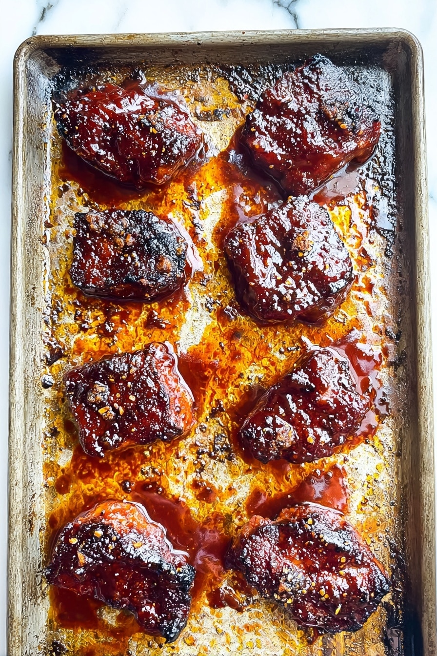 The image shows a baking tray with eight pieces of cooked meat glazed with a shiny, dark reddish sauce. Each piece of meat is placed in its own square section on the tray, and the sauce looks thick and sticky, covering the tops mostly. The tray underneath shows browned and slightly burnt spots with orange oily residues around each meat piece. The meat has a rough texture with some charred edges, contrasting with the smooth glaze. The background is a white marbled texture. photo taken with an iphone --ar 2:3 --v 7 - Oven Baked Barbecue Chicken Thighs, easy barbecue chicken recipe, baked chicken thigh ideas, juicy baked chicken breast, smoky oven chicken dinner