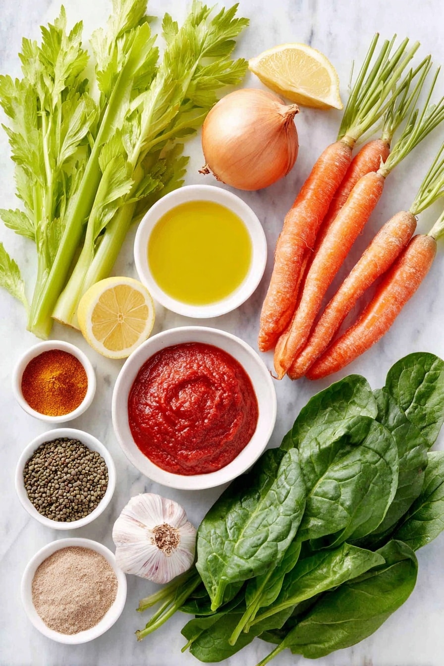 Mediterranean Lentil Soup Recipe 7 Flat lay of a small white ceramic bowl of golden olive oil, a whole uncracked brown onion, two bright orange carrots, two fresh celery stalks with leaves, three garlic cloves with papery skins, a small white ceramic bowl of rich red tomato paste, a small white ceramic bowl of ground cumin powder, a small white ceramic bowl of ground coriander powder, a small white ceramic bowl of smoked paprika powder, a small white ceramic bowl of dried oregano leaves, a small white ceramic bowl of green lentils, a small white ceramic bowl of vegetable broth, a single fresh bay leaf, two ripe fresh tomatoes quartered, a small bunch of fresh green spinach leaves, one whole lemon, a small white ceramic bowl of coarse salt, a small white ceramic bowl of cracked black pepper, and a few sprigs of fresh flat-leaf parsley arranged symmetrically, placed on a clean white marble surface, soft natural light, photo taken with an iPhone, professional food photography style, fresh ingredients, white ceramic bowls, no bottles, no duplicates, no utensils, no packaging --ar 2:3 --v 7 --p m7354615311229779997 - Mediterranean Lentil Soup, hearty vegetarian soup, healthy lentil recipe, flavorful Mediterranean soup, easy lentil soup recipe