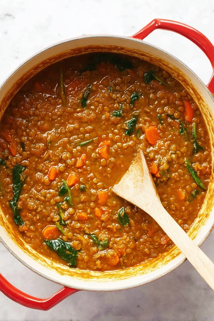 Detox Moroccan Lentil Soup Recipe 6 A white pot with red handles holds thick brown lentil stew with visible orange carrot pieces and green spinach leaves mixed in. A light wooden spoon rests inside the stew, stirring it gently. The stew has a rich texture and looks hot and hearty. The pot sits on a white marbled surface. photo taken with an iphone --ar 2:3 --v 7 - Detox Moroccan Lentil Soup, Moroccan Lentil Soup, Healthy Lentil Soup, Spiced Lentil Soup, Nourishing Vegetarian Soup