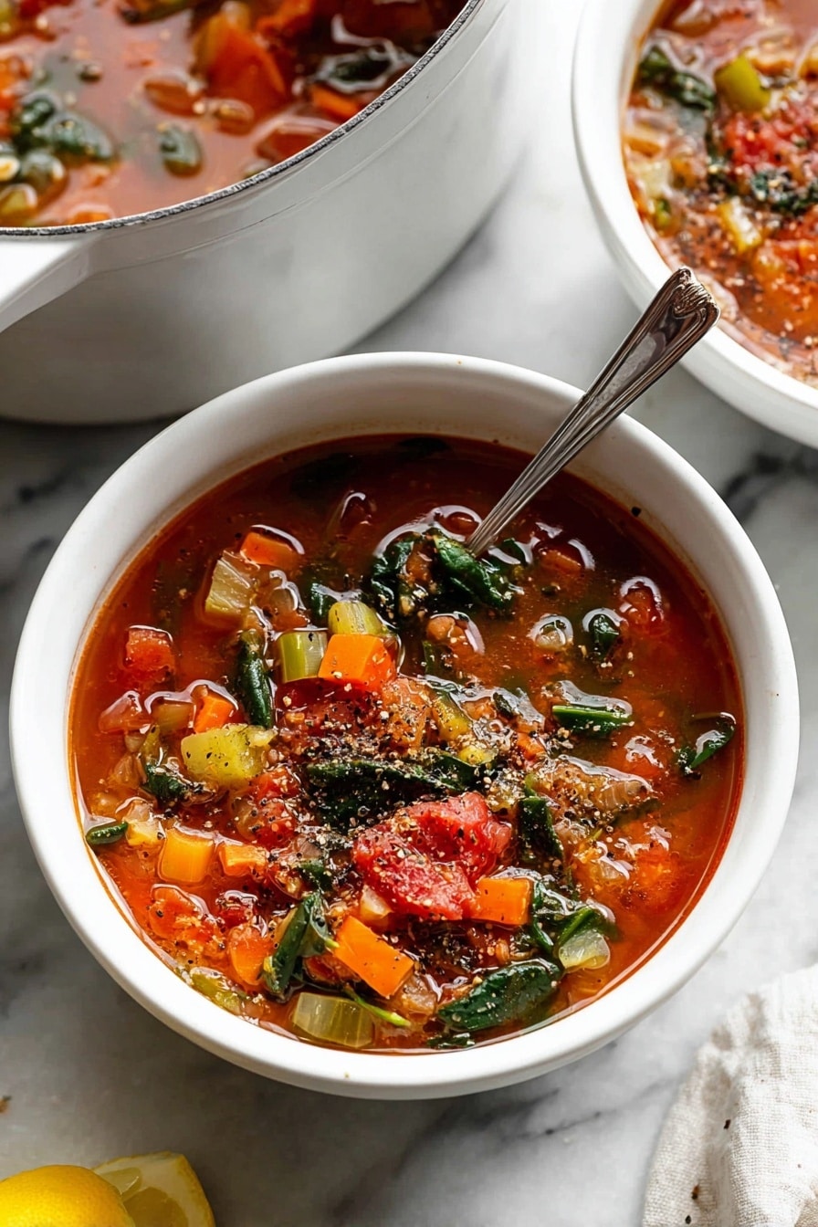 Mediterranean Lentil Soup Recipe 6 A close view of a white bowl filled with chunky vegetable soup showing three main layers: the bottom layer is a clear red broth, the middle layer has diced orange carrots, green celery, and tomatoes, and the top layer includes dark green spinach leaves and some crushed black pepper sprinkled on top. A silver spoon rests inside the bowl, partially submerged in the soup. In the background, there is a white soup pot filled with the same soup showing similar layers and another white bowl with soup. All items are placed on a white marbled surface with a small lemon wedge visible near the bottom left corner. Photo taken with an iphone --ar 2:3 --v 7 - Mediterranean Lentil Soup, hearty lentil soup, healthy Mediterranean soup, flavorful vegan soup, nourishing lentil dish