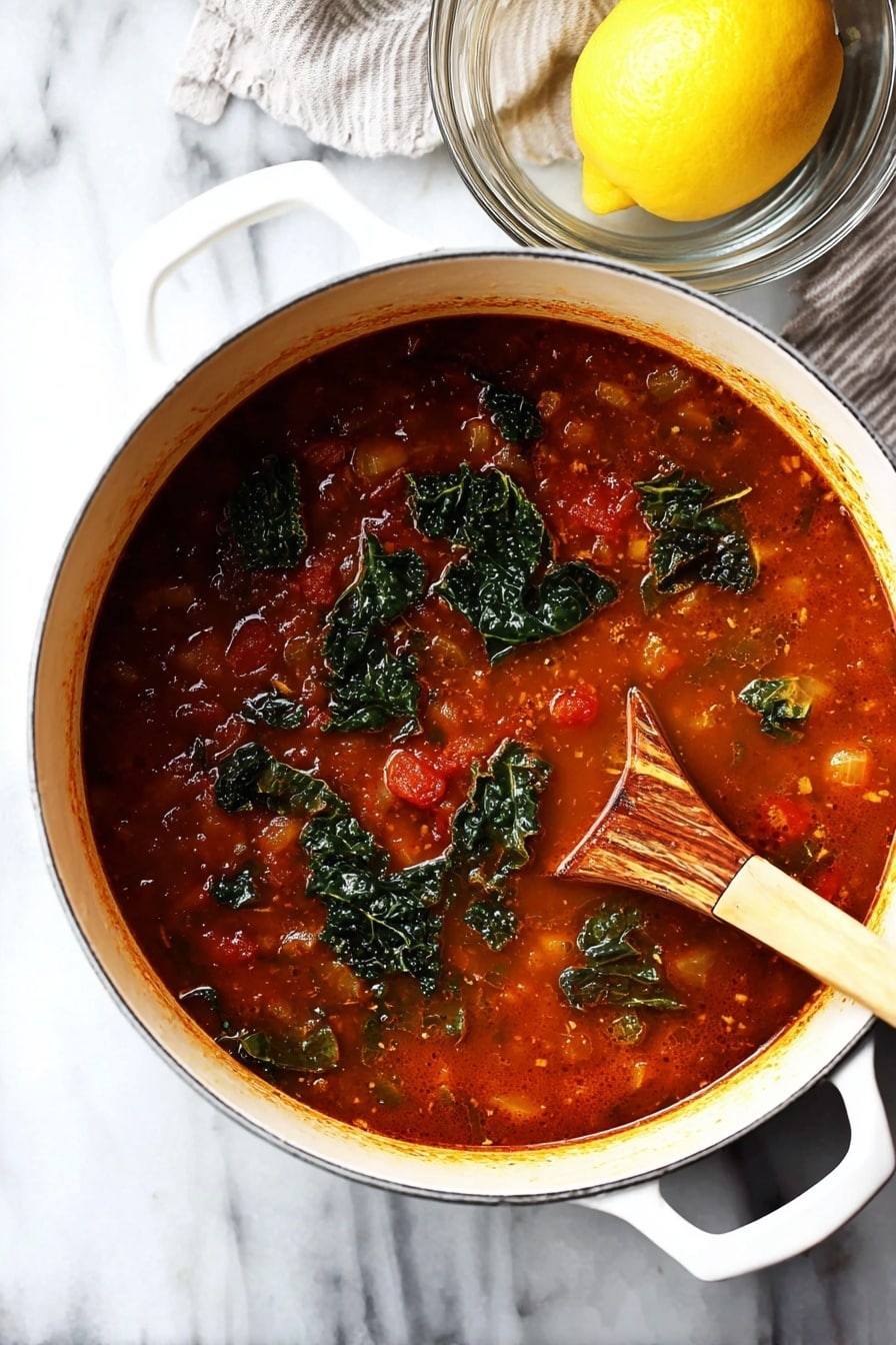 Mediterranean Lentil Soup Recipe 8 A large white pot is filled with a rich, thick reddish-brown soup that has visible chunks of vegetables like tomatoes and celery in the base layer. On top, scattered dark green kale leaves add texture and color contrast. A black and light wood spoon rests inside the pot, angled on the right side, partially submerged. The pot sits on a white marbled surface. Nearby, a clear glass bowl holds a whole yellow lemon above a half-squeezed lemon lying beside it. photo taken with an iphone --ar 2:3 --v 7 - Mediterranean Lentil Soup, hearty lentil soup, healthy Mediterranean soup, flavorful vegan soup, nourishing lentil dish